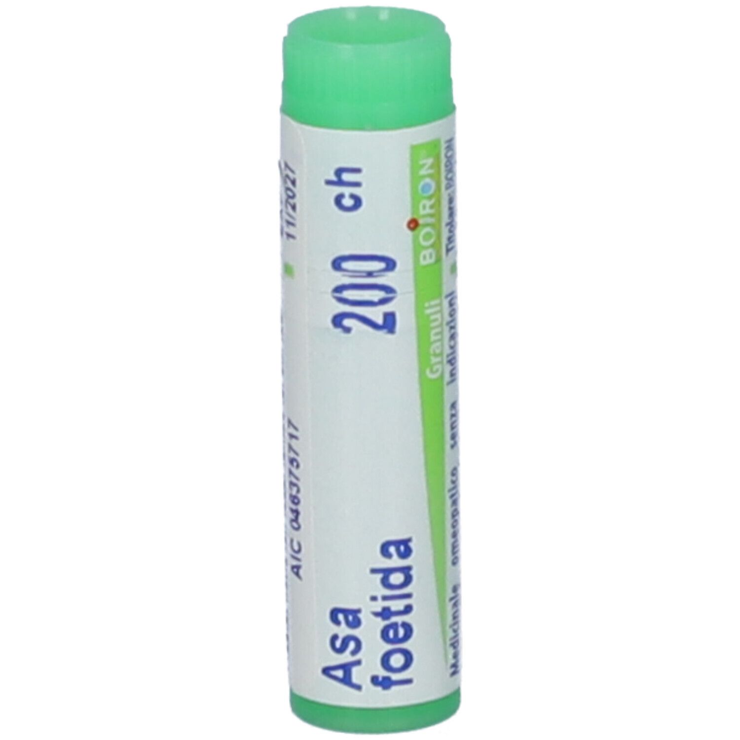 Confezione cilindrica con tappo verde. Scritta: Asa foetida, 200 ch, Granuli, BOIRON.