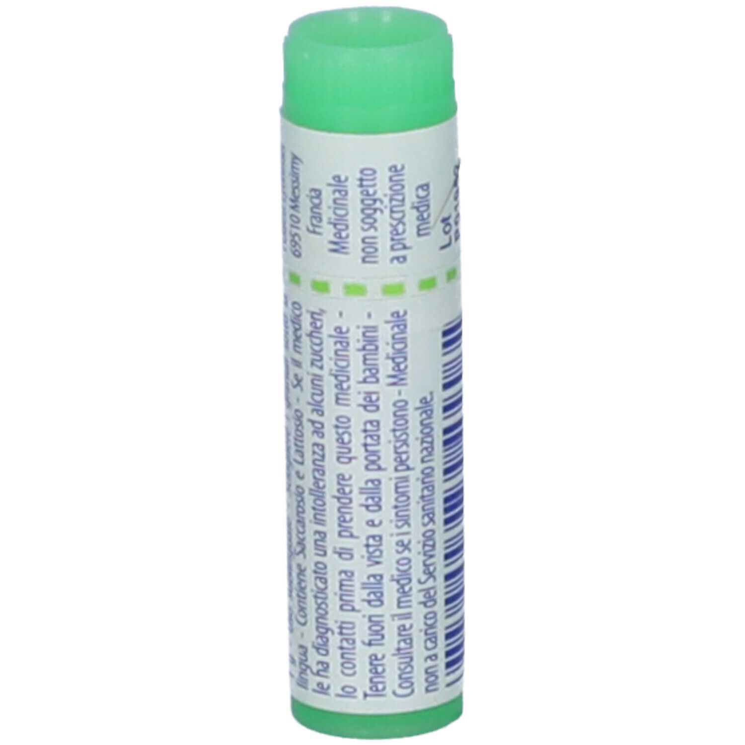 Confezione cilindrica con tappo verde. Scritta: Asa foetida, 200 ch, Granuli, BOIRON.