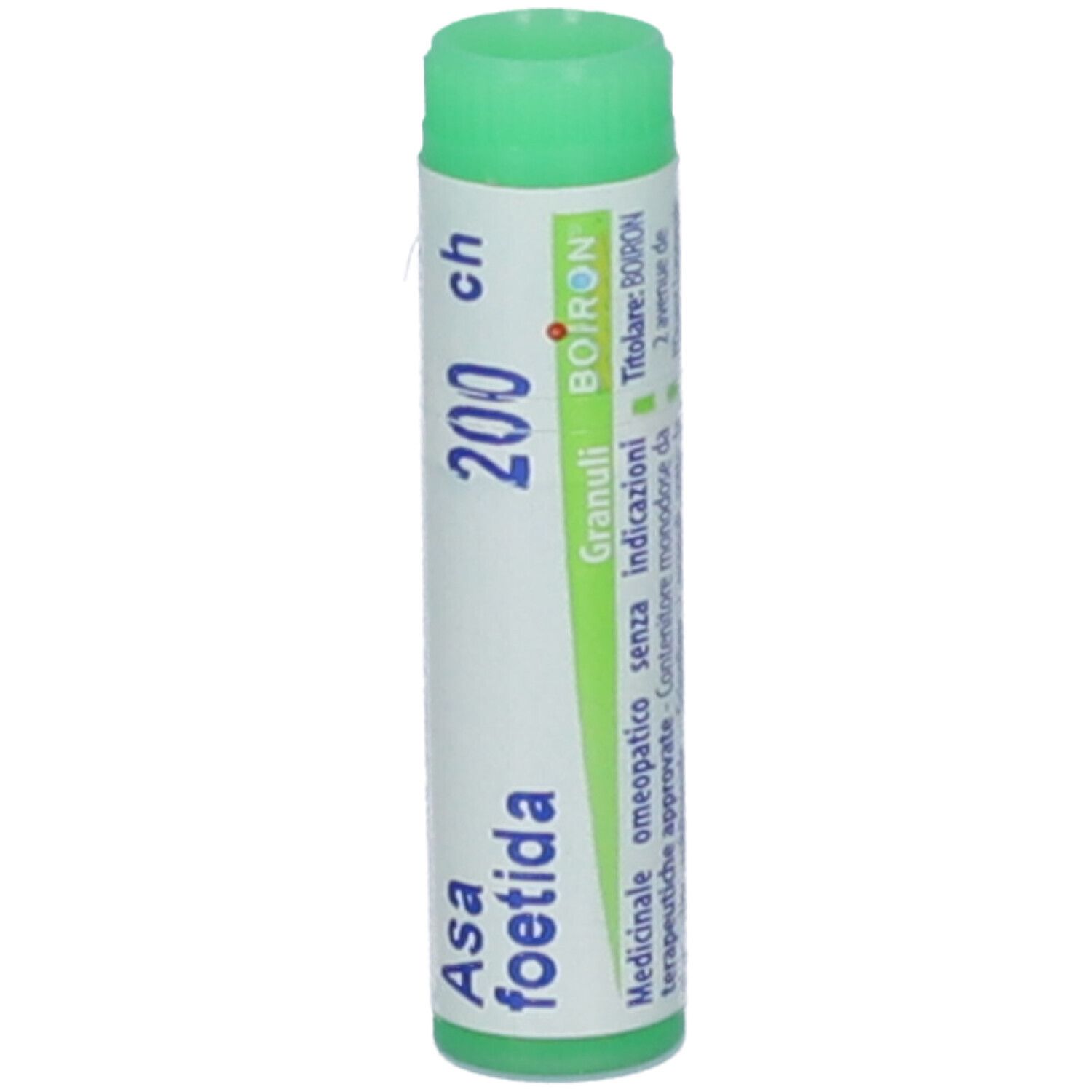 Confezione cilindrica con tappo verde. Scritta: Asa foetida, 200 ch, Granuli, BOIRON.