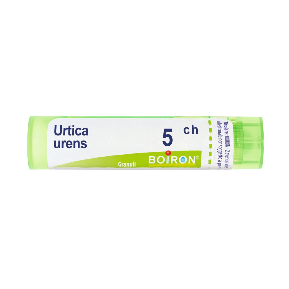 Tubo verde con etichetta bianca. Scritta: Urtica urens, 5 ch, BOIRON. Granuli.