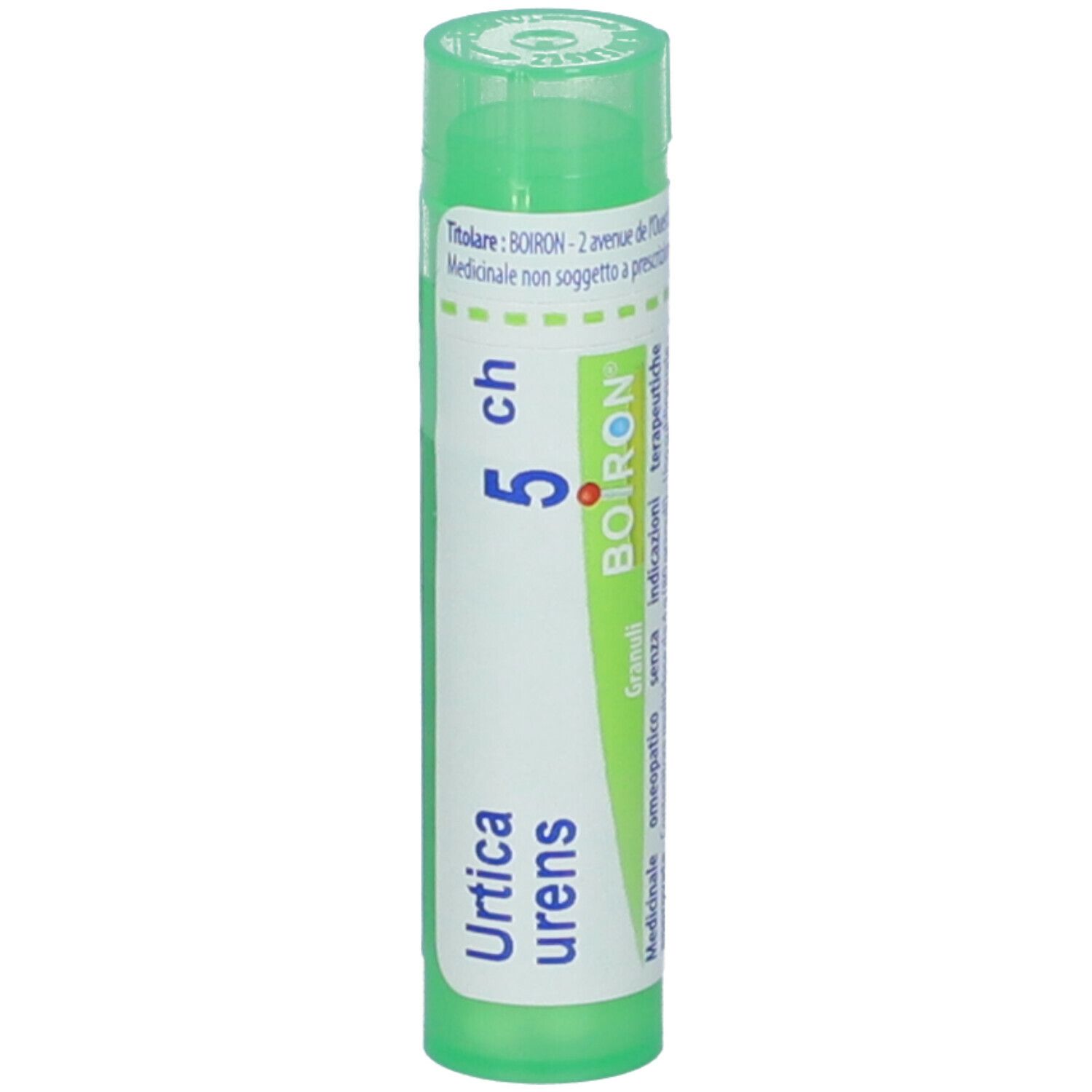 Tubo verde con etichetta bianca. Scritta: Urtica urens, 5 ch, BOIRON. Granuli. Medicinale.