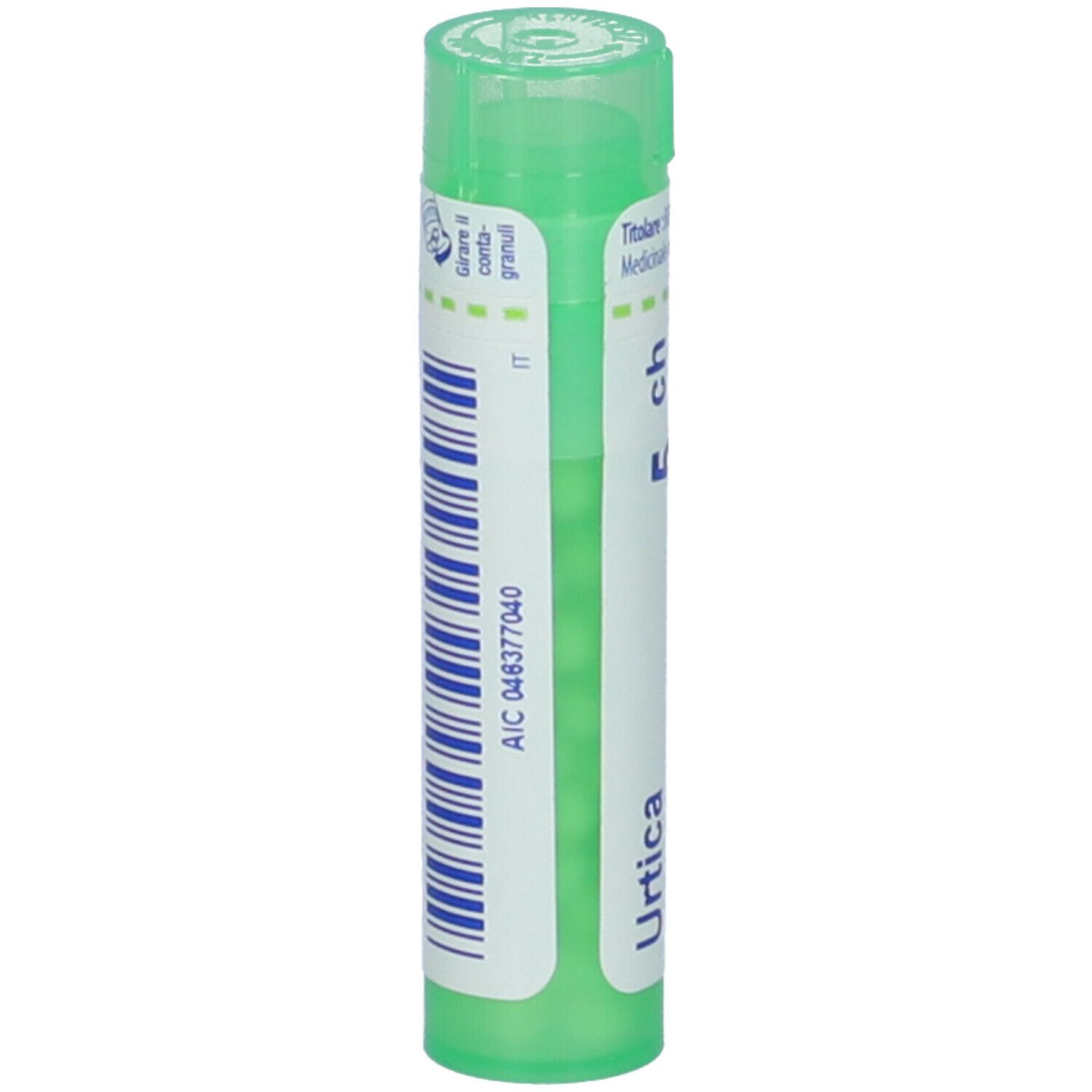 Tubo verde con etichetta bianca e codice a barre blu. Scritta: Urtica urens, 5 ch. Granuli.