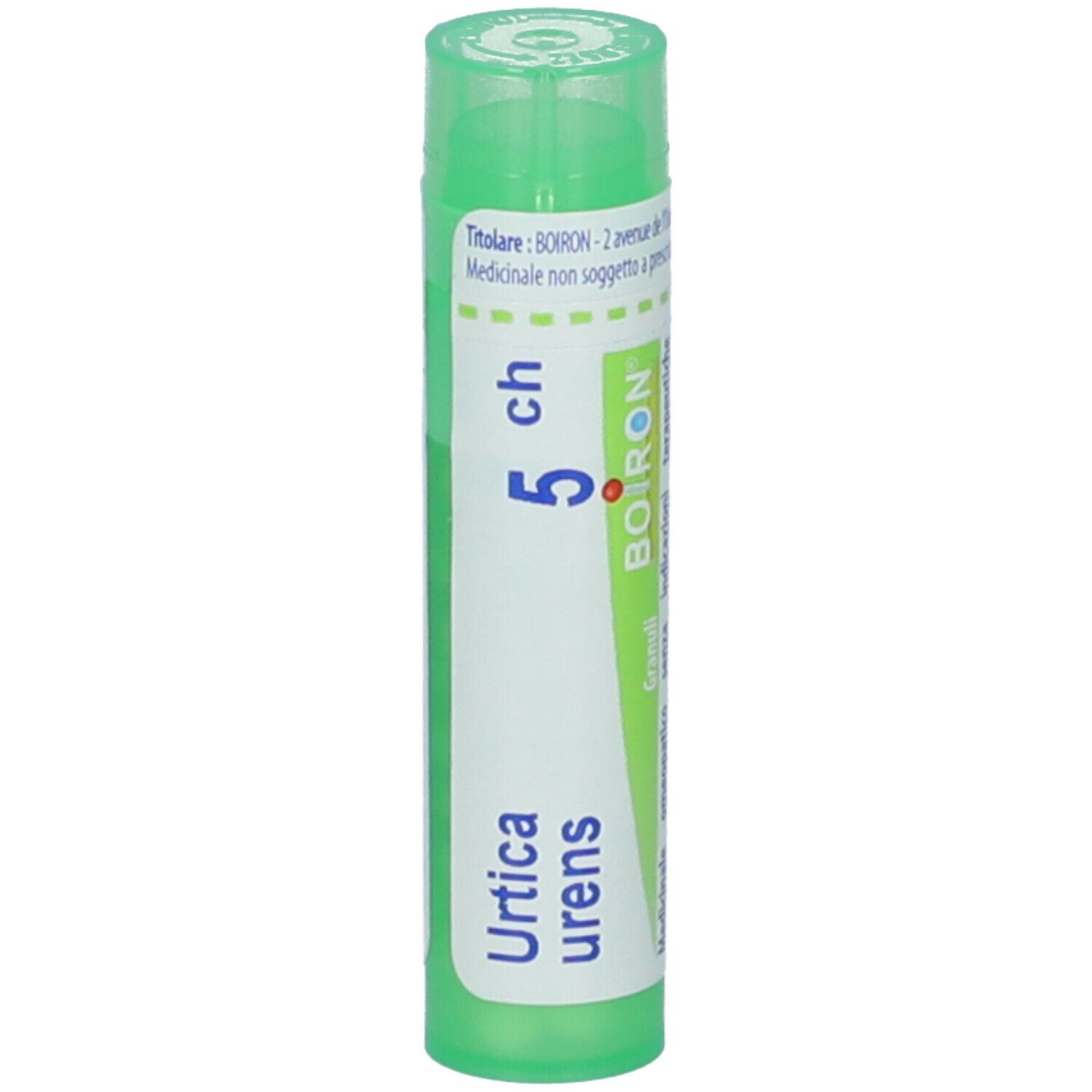 Tubo verde con etichetta bianca. Scritta: Urtica urens, 5 ch, BOIRON. Granuli. Medicinale.