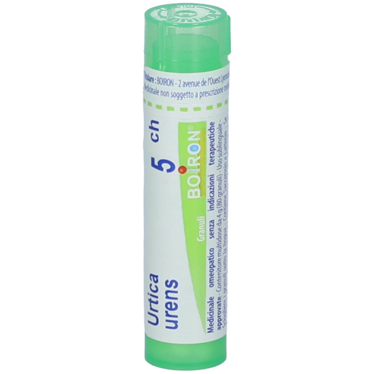 Tubo verde con etichetta bianca. Scritta: Urtica urens, 5 ch, BOIRON. Granuli. Medicinale.