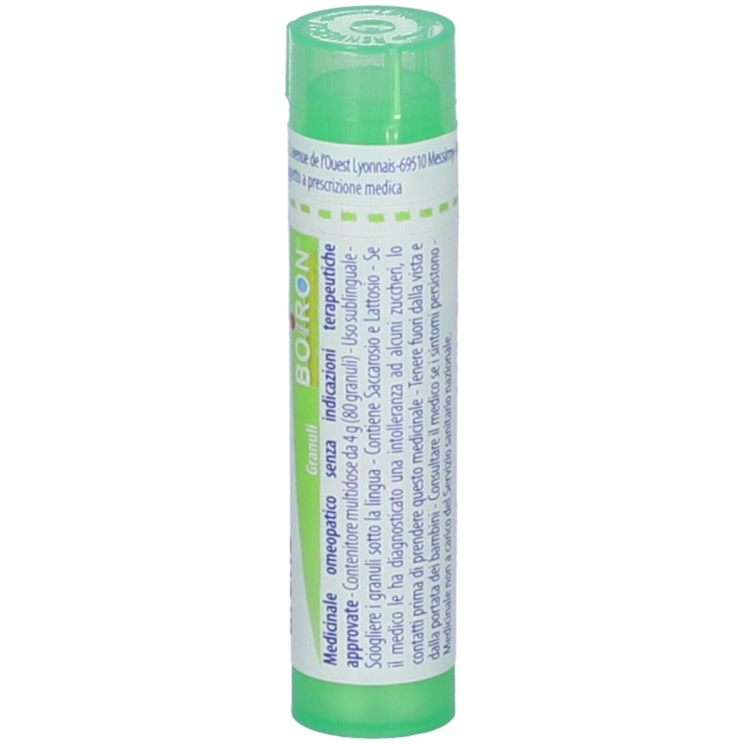 Tubo verde con etichetta bianca. Scritta: Urtica urens, 5 ch, BOIRON. Granuli. Medicinale.