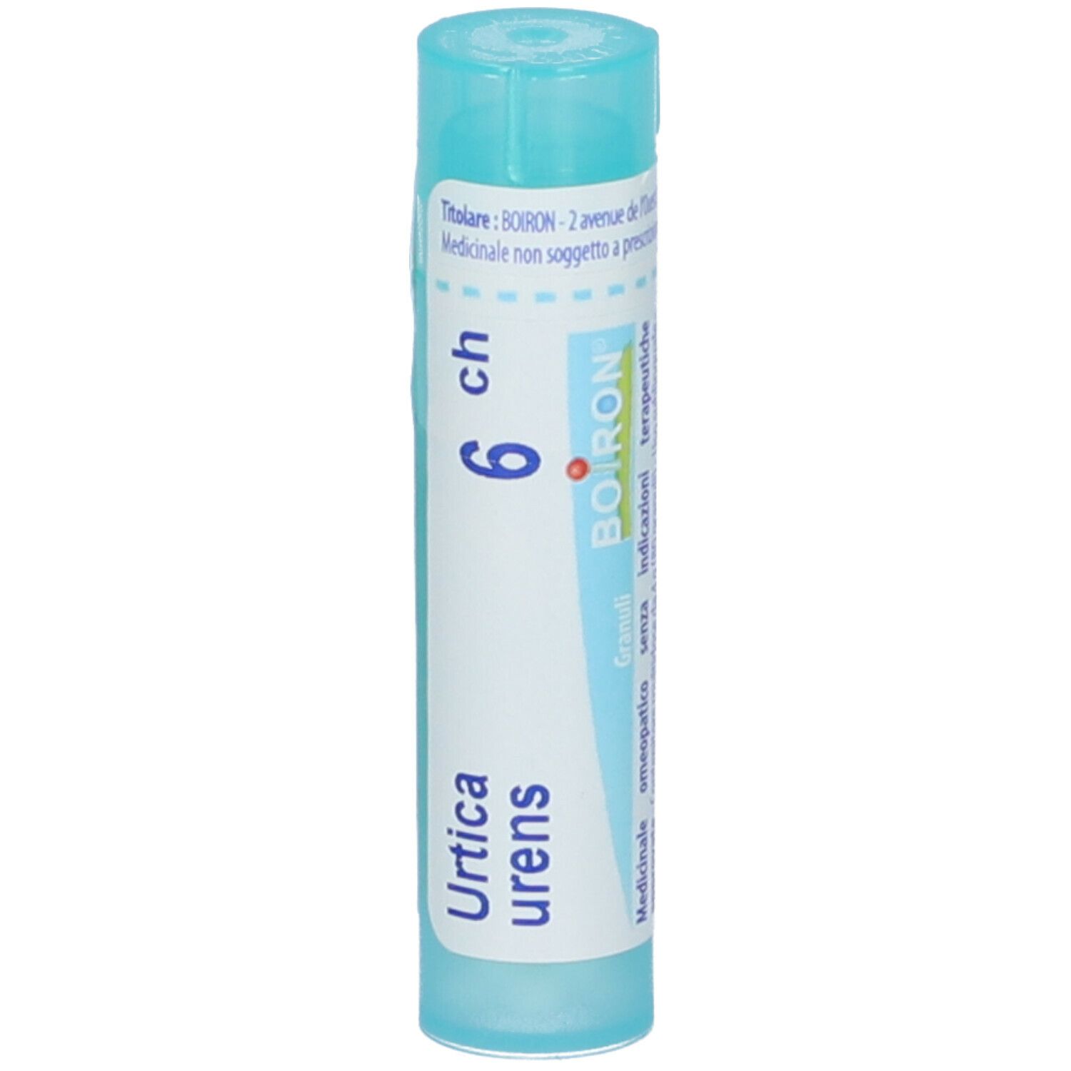 Confezione cilindrica azzurra. Scritta: Urtica urens, 6 ch, BOIRON. Con etichetta bianca.