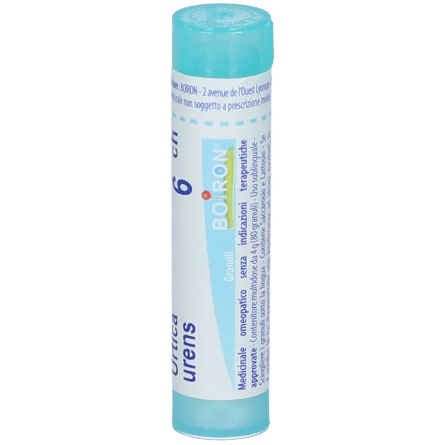 Confezione cilindrica azzurra. Scritta: Urtica urens, 6 ch, BOIRON. Con etichetta bianca.