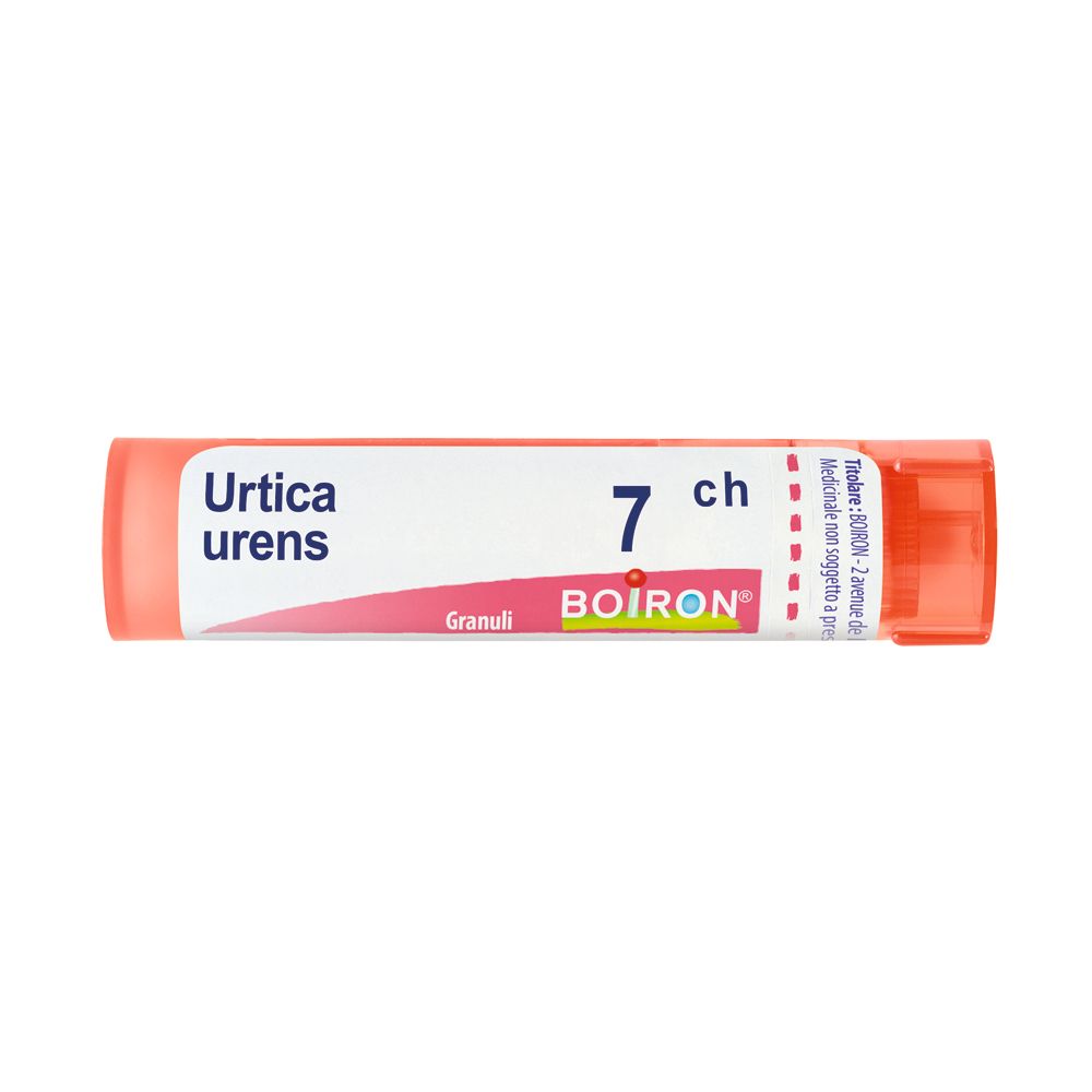 Confezione cilindrica arancione con etichetta bianca. Scritta: Urtica urens 7 ch, Granuli, Boiron.