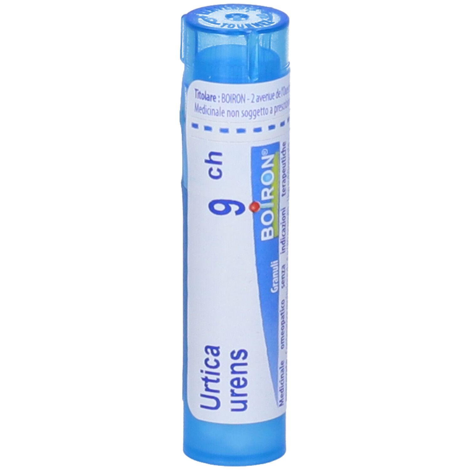 Tubo blu con etichetta bianca. Urtica urens 9 ch, Granuli e logo BOIRON. Contenitore multidose.