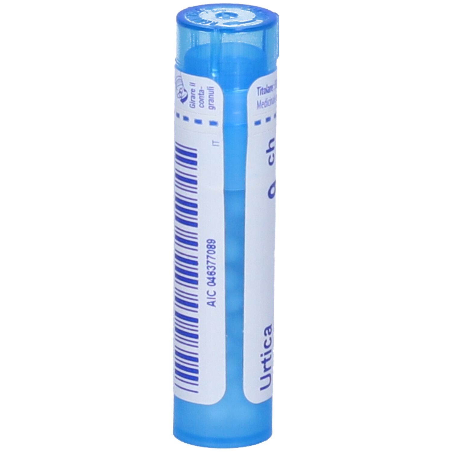 Tubo blu con etichetta bianca. Urtica, 9 ch. Contenitore multidose con codice a barre e codice AIC.
