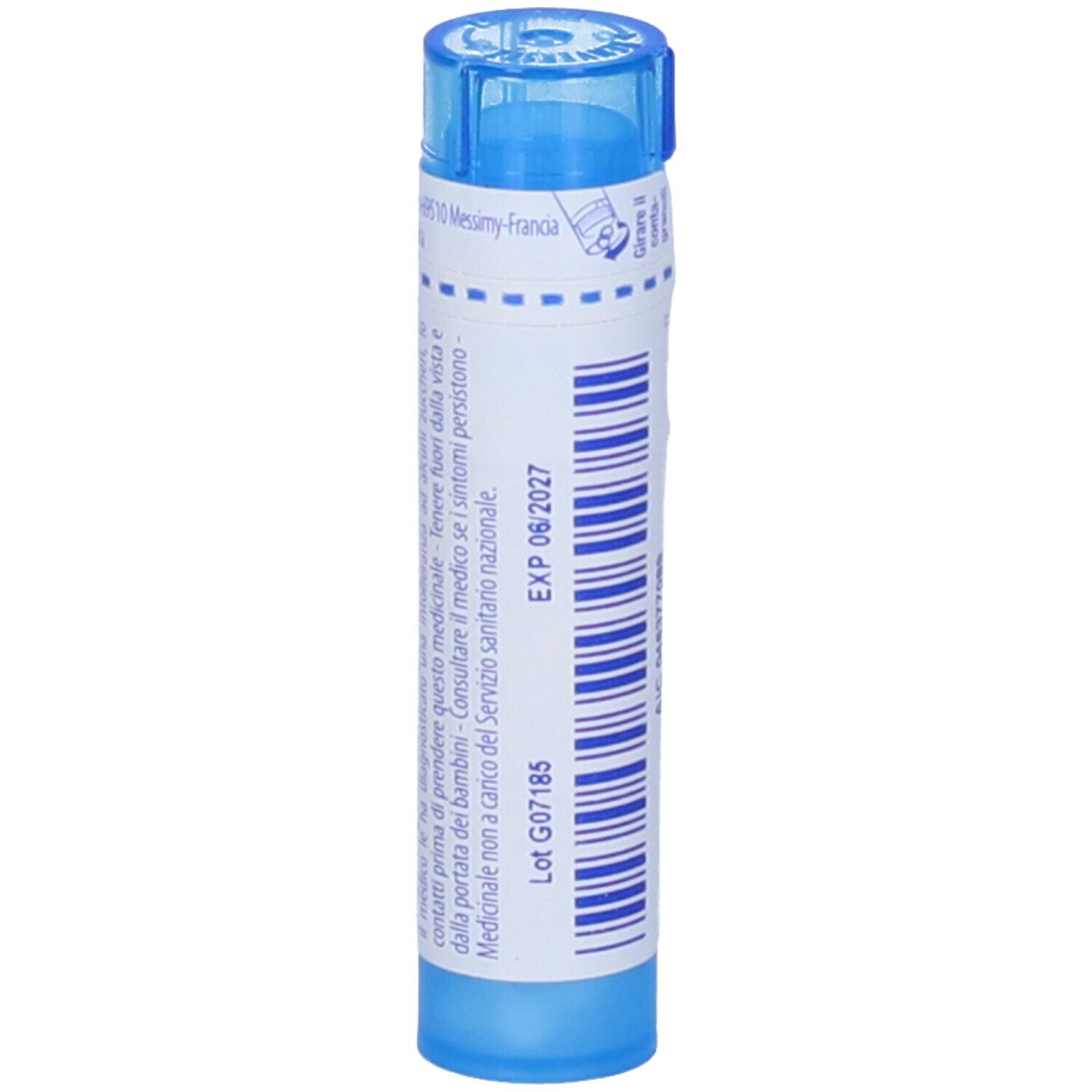 Tubo blu con etichetta bianca. Urtica, 9 ch. Contenitore multidose con data di scadenza 06/2027.