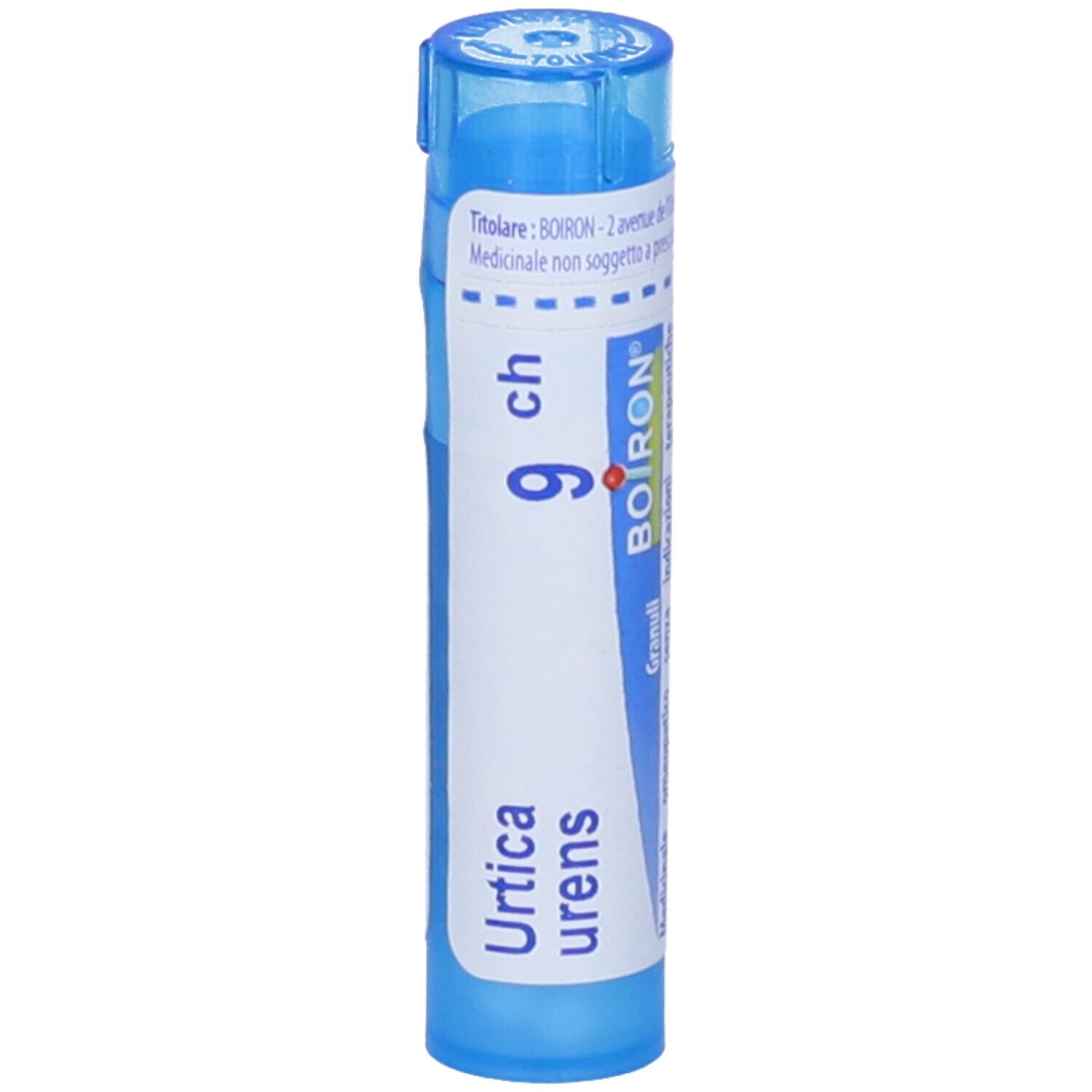 Tubo blu con etichetta bianca. Urtica urens 9 ch, Granuli e logo BOIRON. Contenitore multidose.