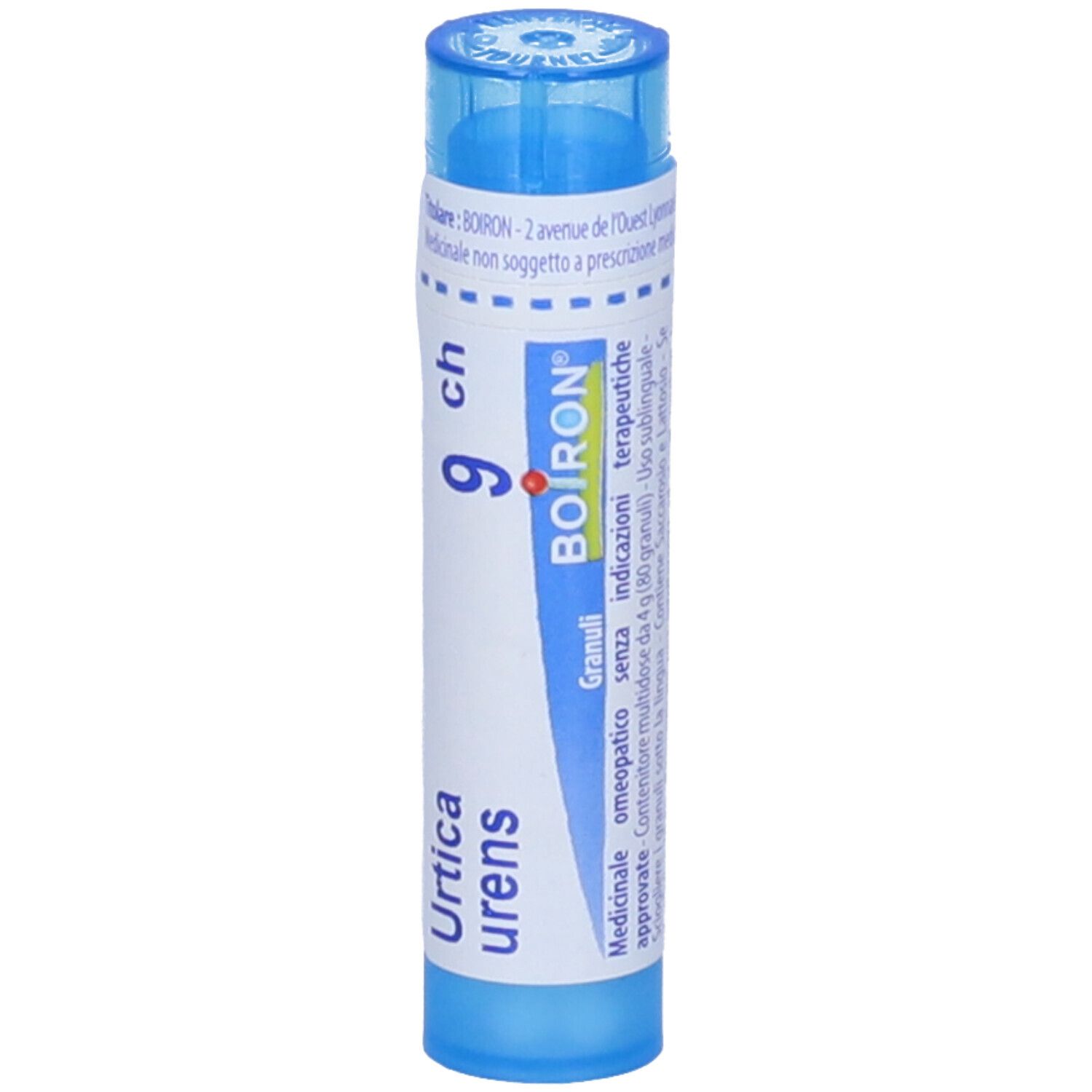 Tubo blu con etichetta bianca. Urtica urens 9 ch, Granuli e logo BOIRON. Contenitore multidose.
