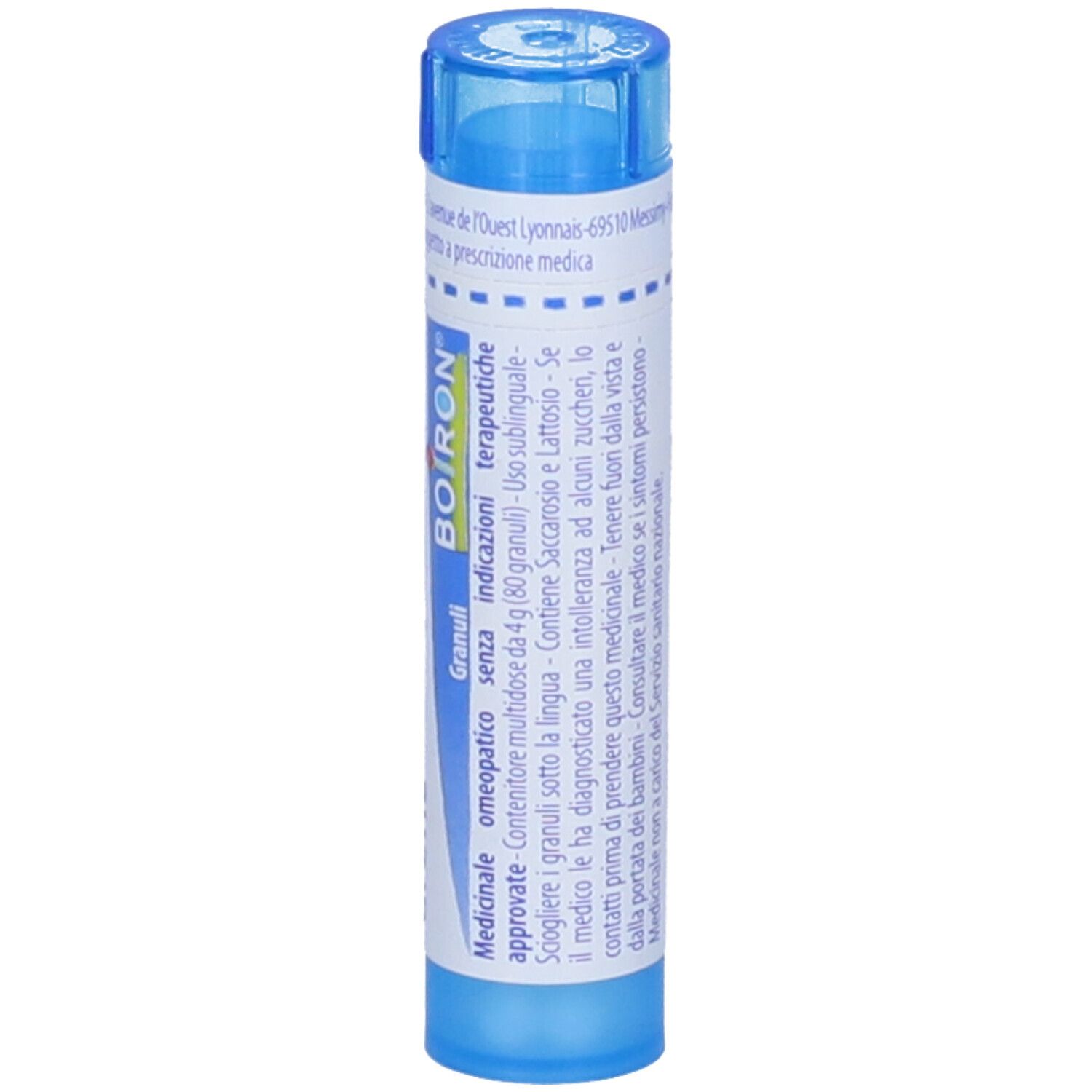 Tubo blu con etichetta bianca. Urtica urens 9 ch, Granuli e logo BOIRON. Contenitore multidose.