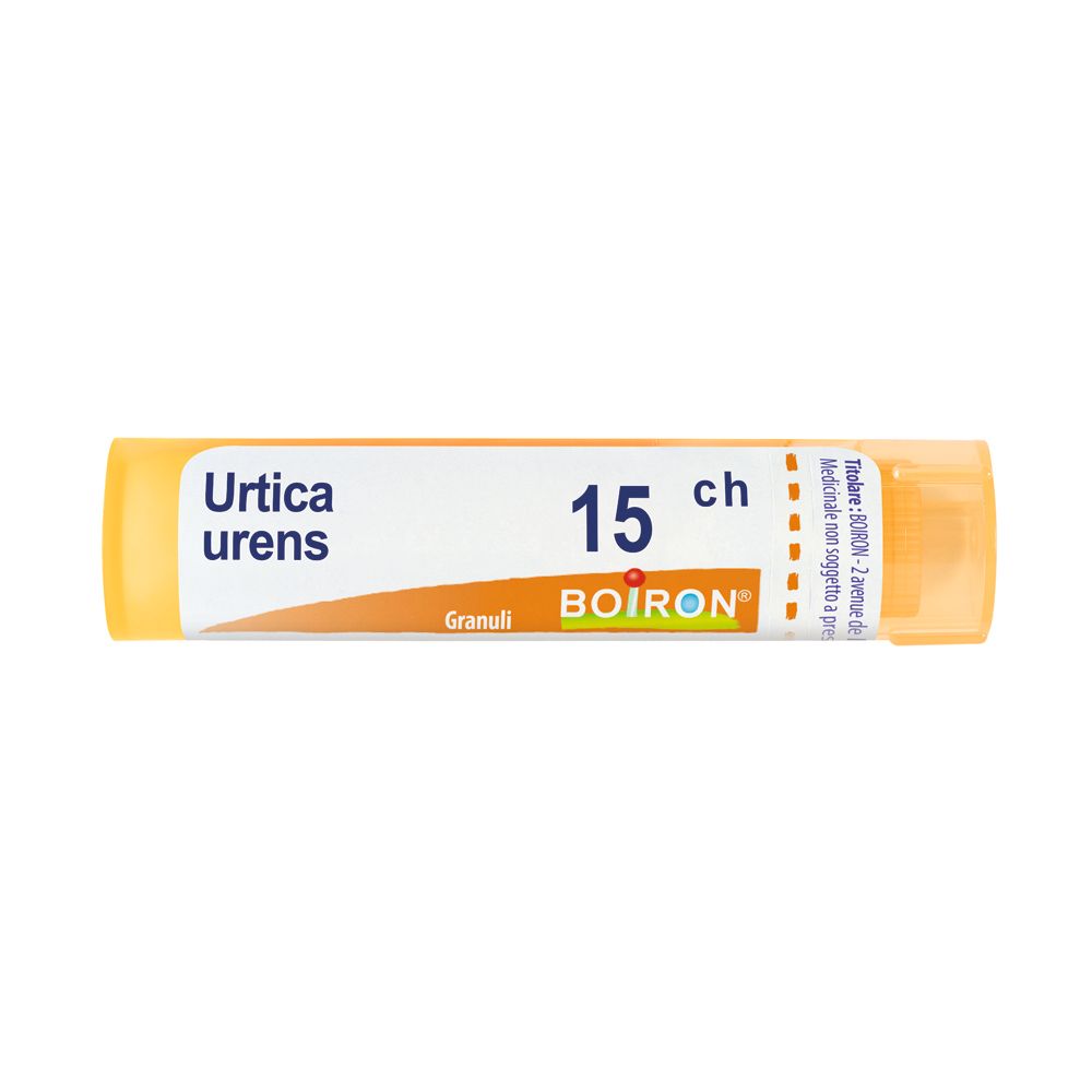 Tubo giallo con etichetta bianca. Scritte: Urtica urens, 15 ch, Granuli, BOIRON.