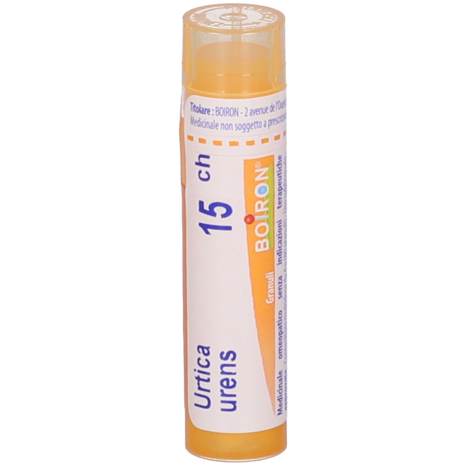 Tubo giallo verticale. Scritte: Urtica urens, 15 ch, BOIRON. Stampa: Granuli, omeopatici.