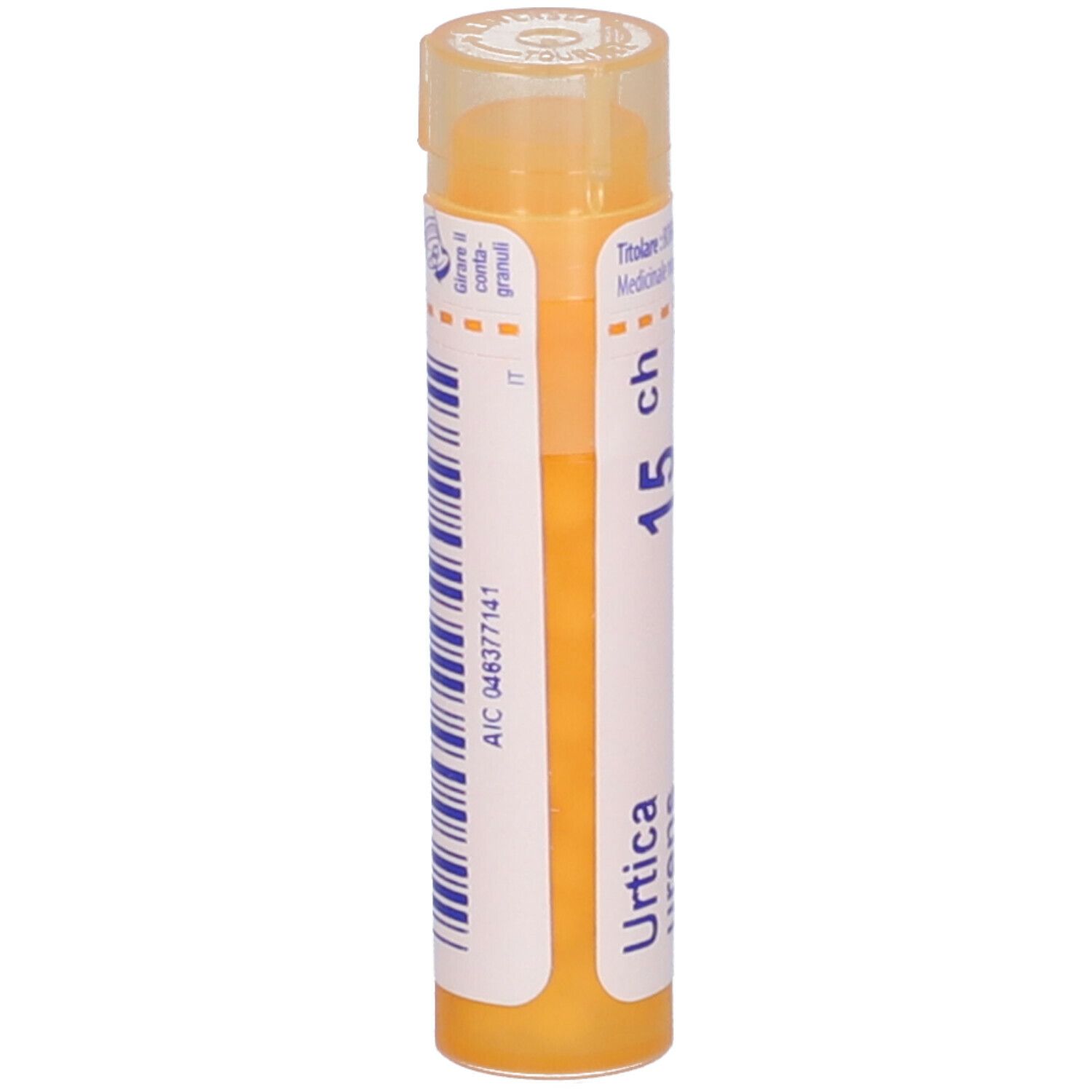 Tubo giallo verticale. Scritte: Urtica urens, 15 ch, BOIRON. Stampa: Granuli, omeopatici. Codice IT.
