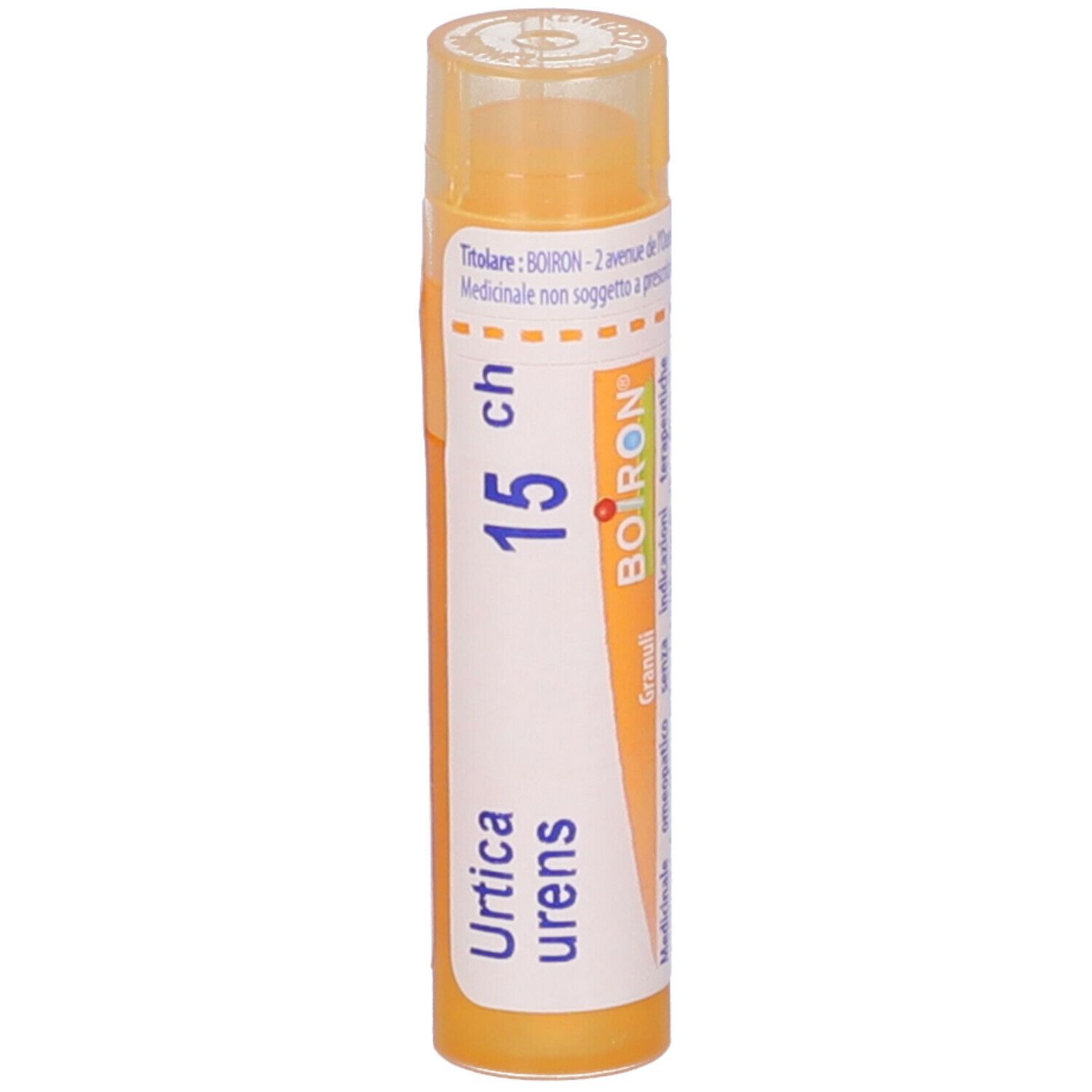 Tubo giallo verticale. Scritte: Urtica urens, 15 ch, BOIRON. Stampa: Granuli, omeopatici. Indirizzo.