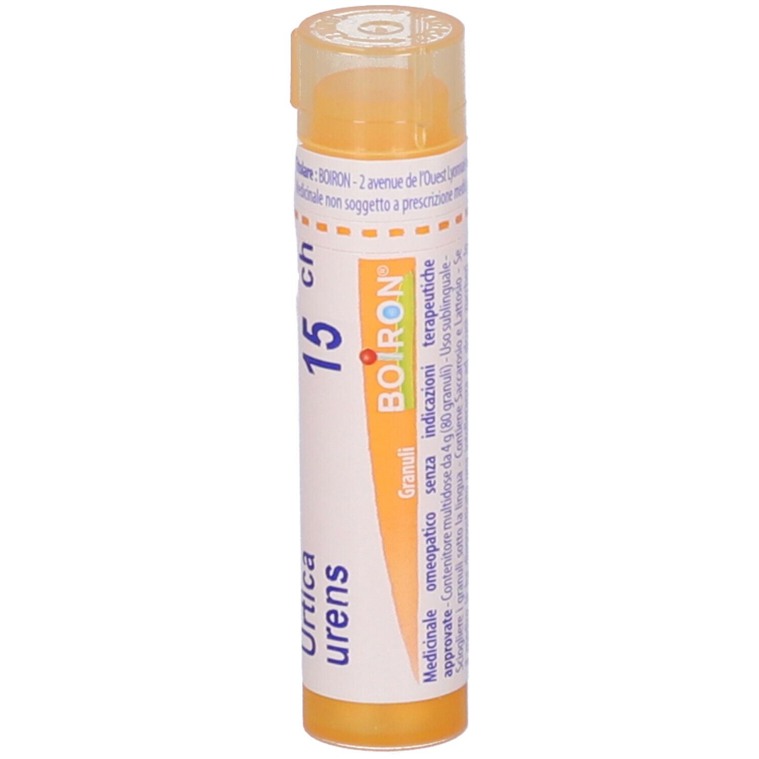 Tubo giallo verticale. Scritte: Urtica urens, 15 ch, BOIRON. Stampa: Granuli, omeopatici. Testo.