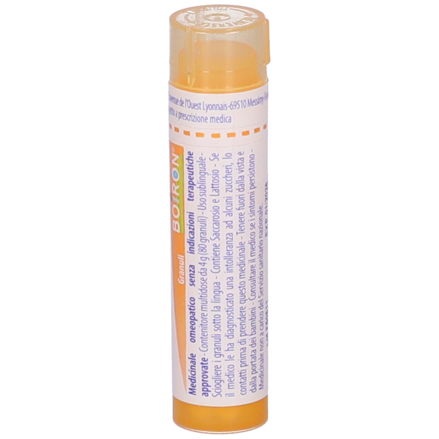 Tubo giallo verticale. Scritte: Urtica urens, 15 ch, BOIRON. Stampa: Granuli, omeopatici. Testo.