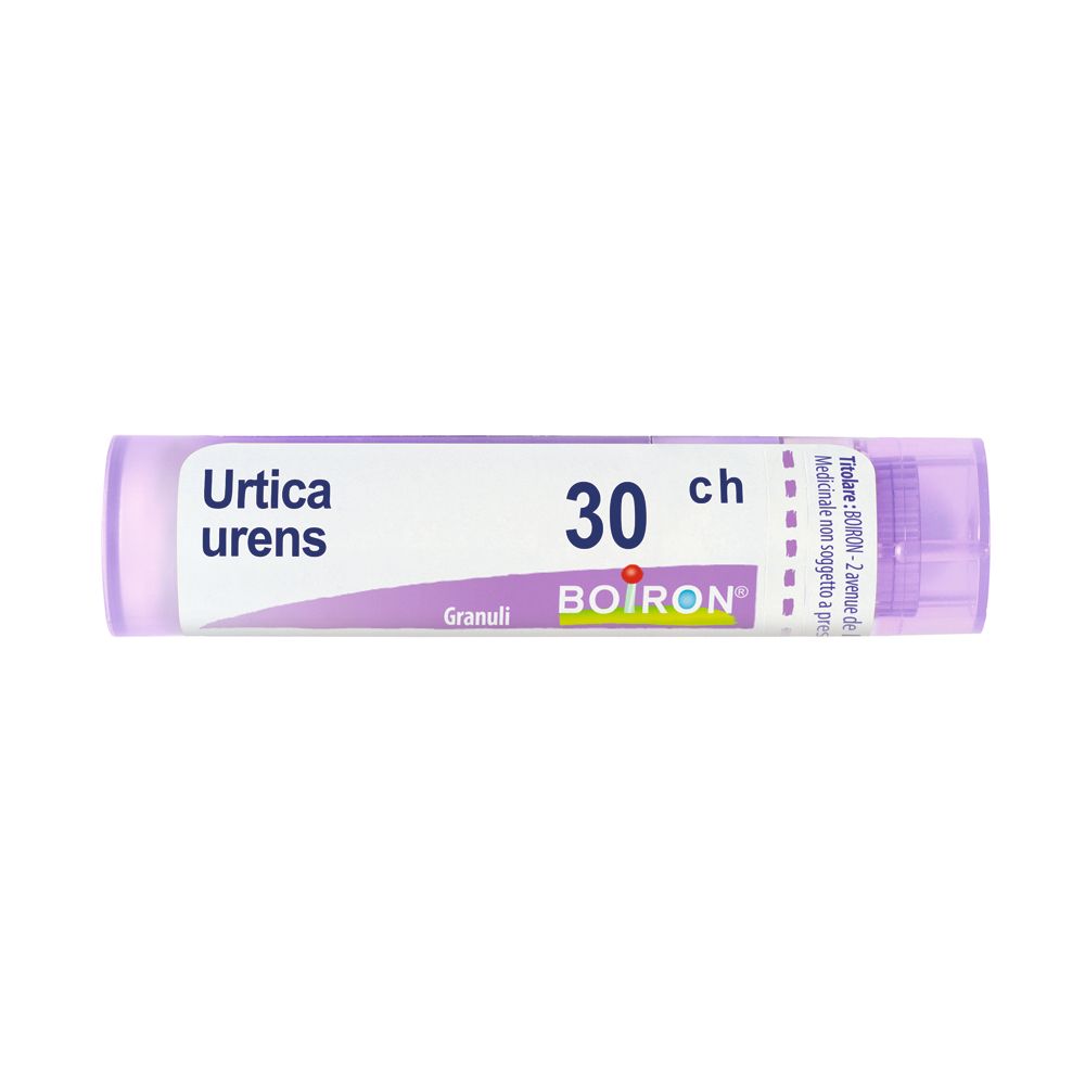 Confezione cilindrica viola con testo bianco. Scritto: Urtica urens, 30 ch, Granuli, BOIRON.
