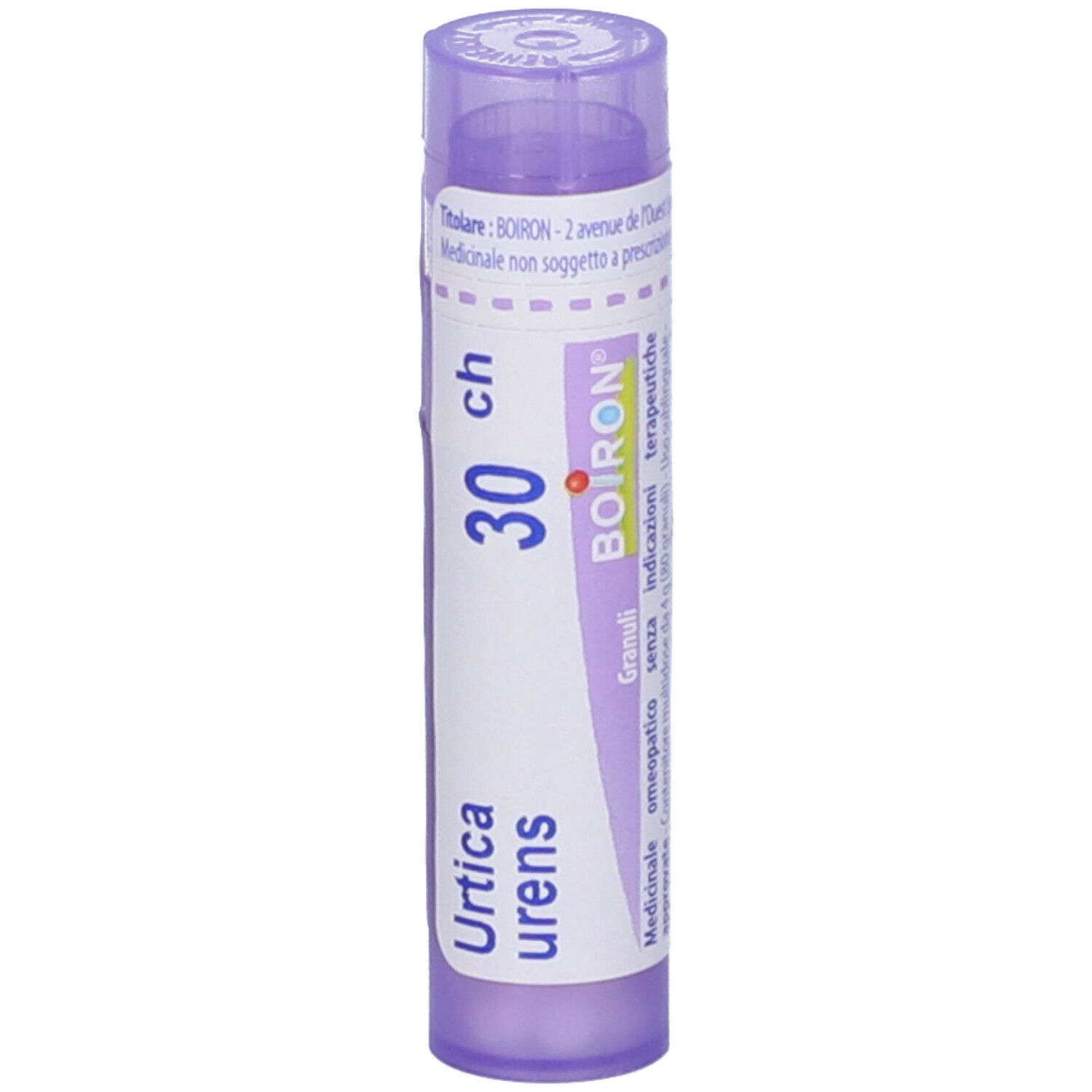 Confezione cilindrica viola con testo bianco. Scritto: Urtica urens, 30 ch, BOIRON. Vista verticale.