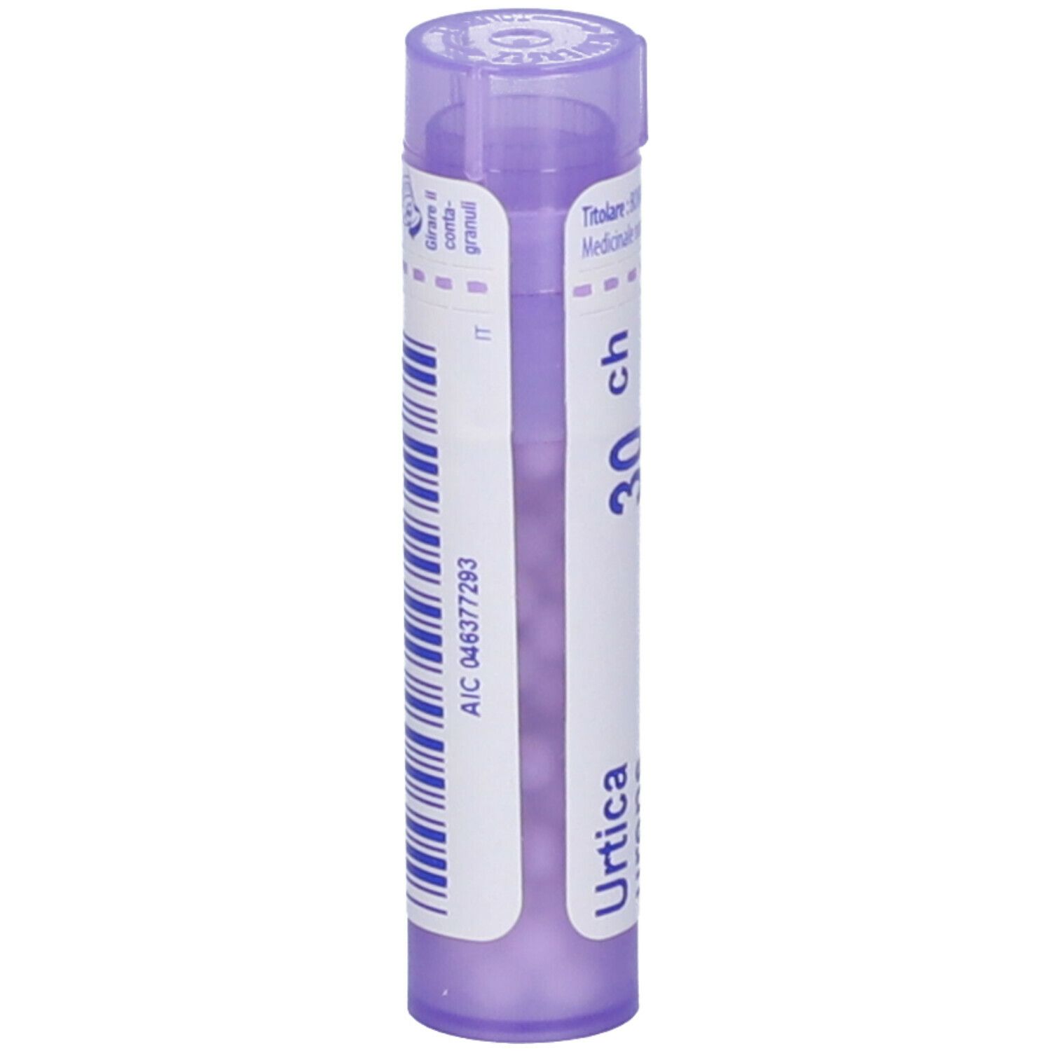 Confezione cilindrica viola con testo bianco. Scritto: Urtica, 30 ch. Codice a barre e altre informazioni.