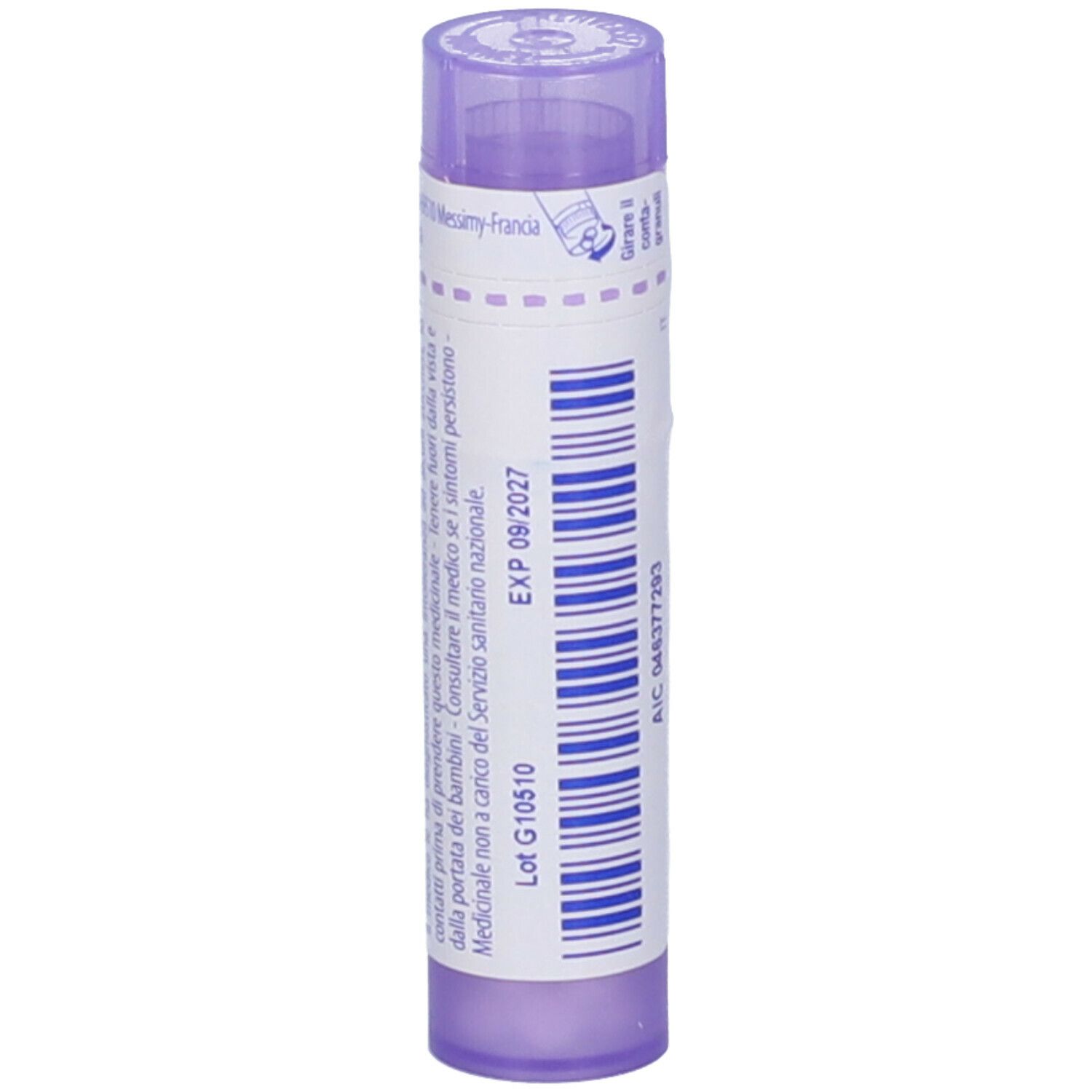 Confezione cilindrica viola con testo bianco. Scritto: EXP 09/2027. Ulteriori informazioni e codice a barre.
