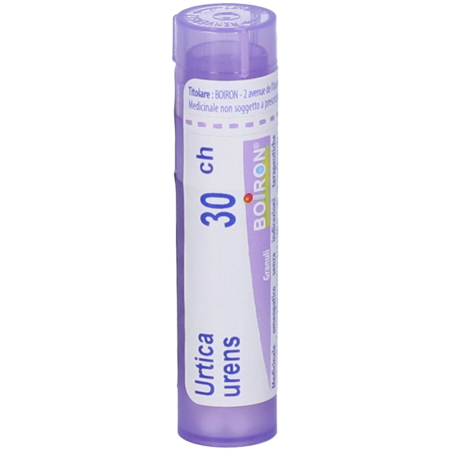 Confezione cilindrica viola con testo bianco. Scritto: Urtica urens, 30 ch, BOIRON. Vista verticale.