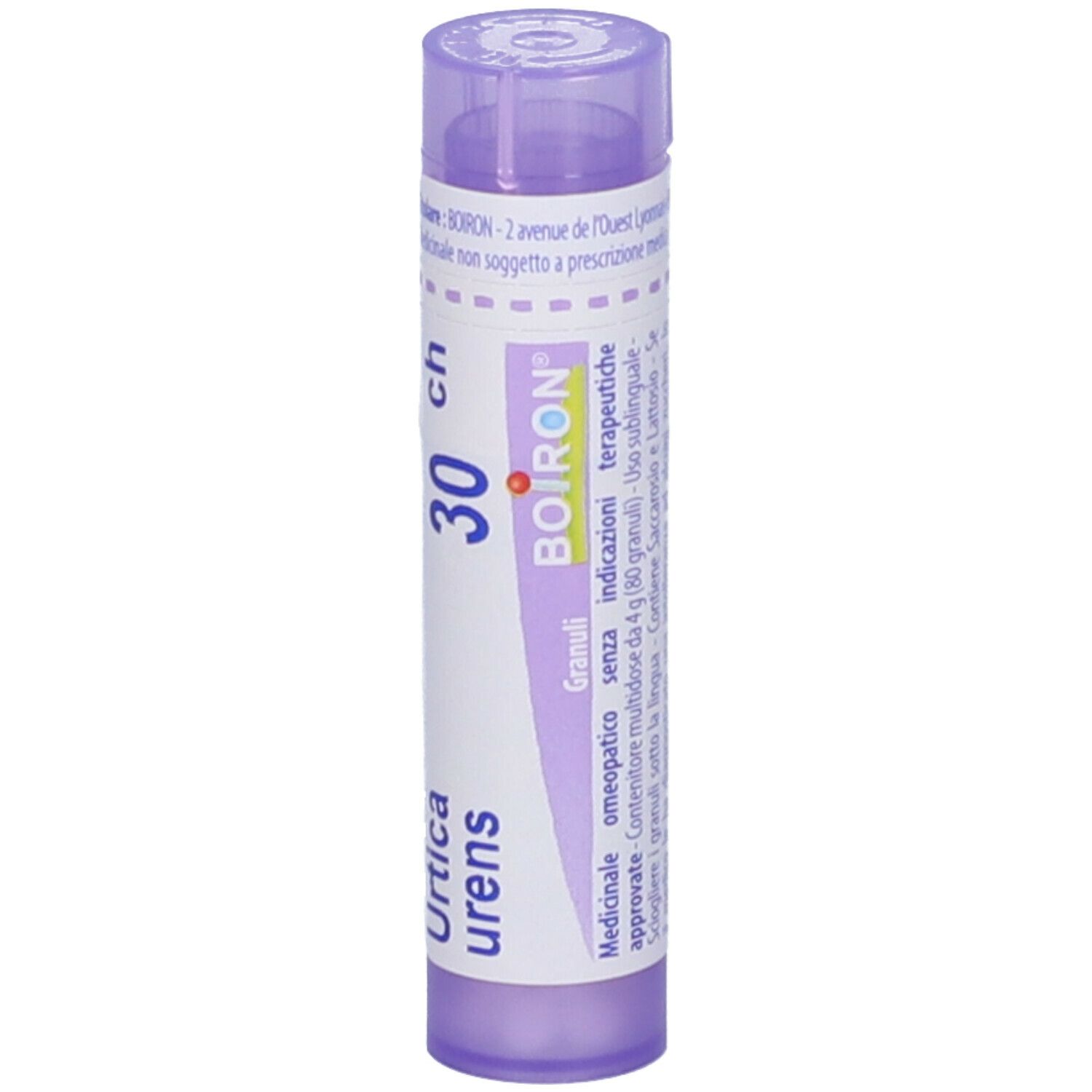 Confezione cilindrica viola con testo bianco. Scritto: Urtica urens, 30 ch, BOIRON. Ulteriori informazioni.