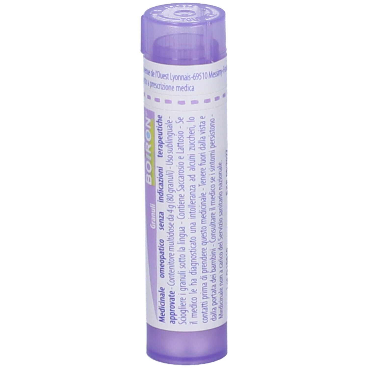 Confezione cilindrica viola con testo bianco. Scritto: BOIRON. Ulteriori informazioni e testo.