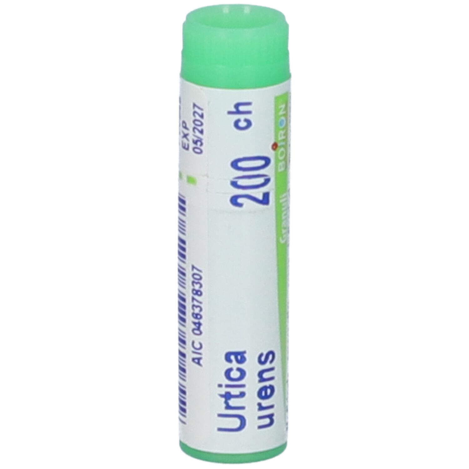 Confezione cilindrica con tappo verde. Scritte: Urtica urens, 200 ch, EXP 05/2027, AIC 046378307.