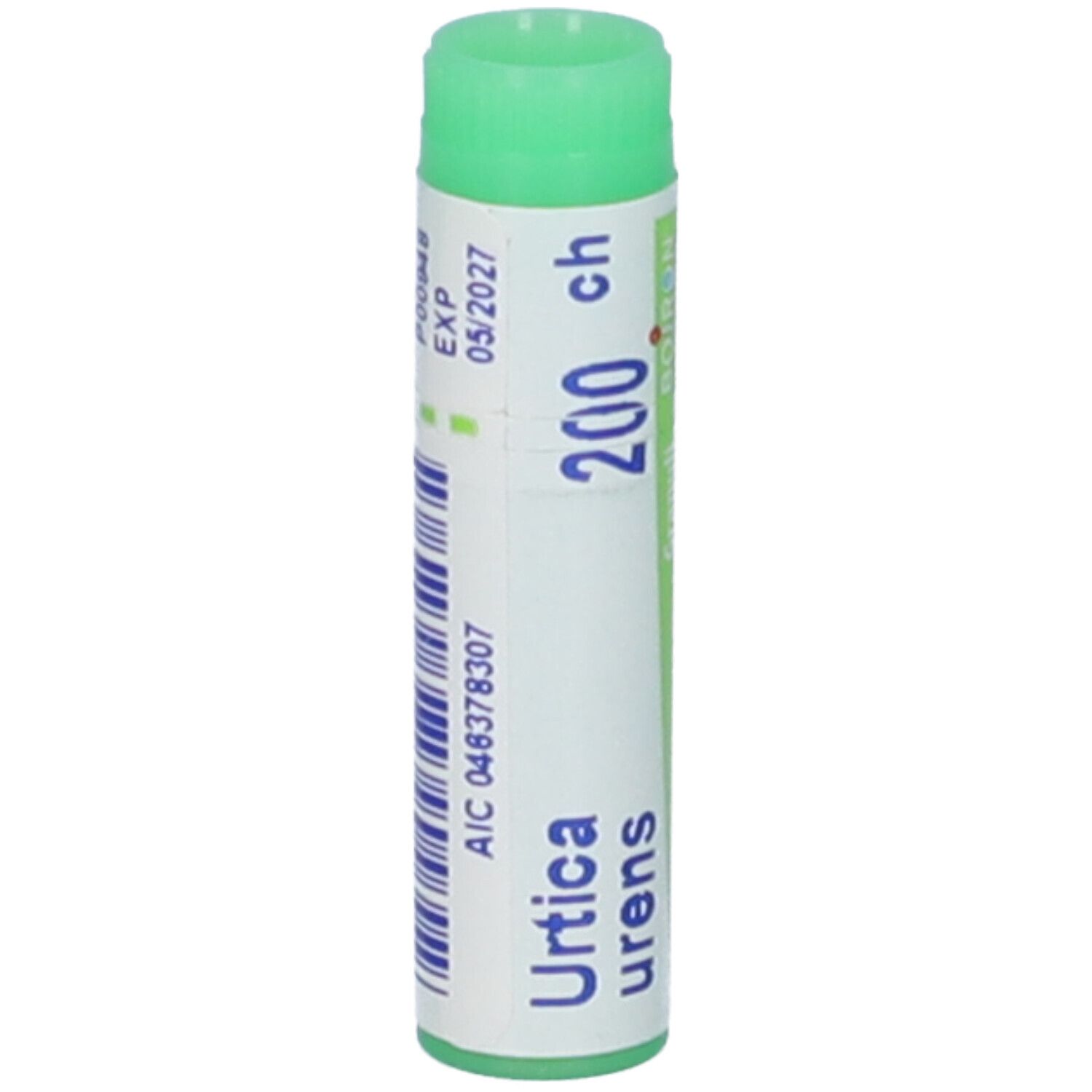 Confezione cilindrica con tappo verde. Scritte: Urtica urens, 200 ch, EXP 05/2027, AIC 046378307.