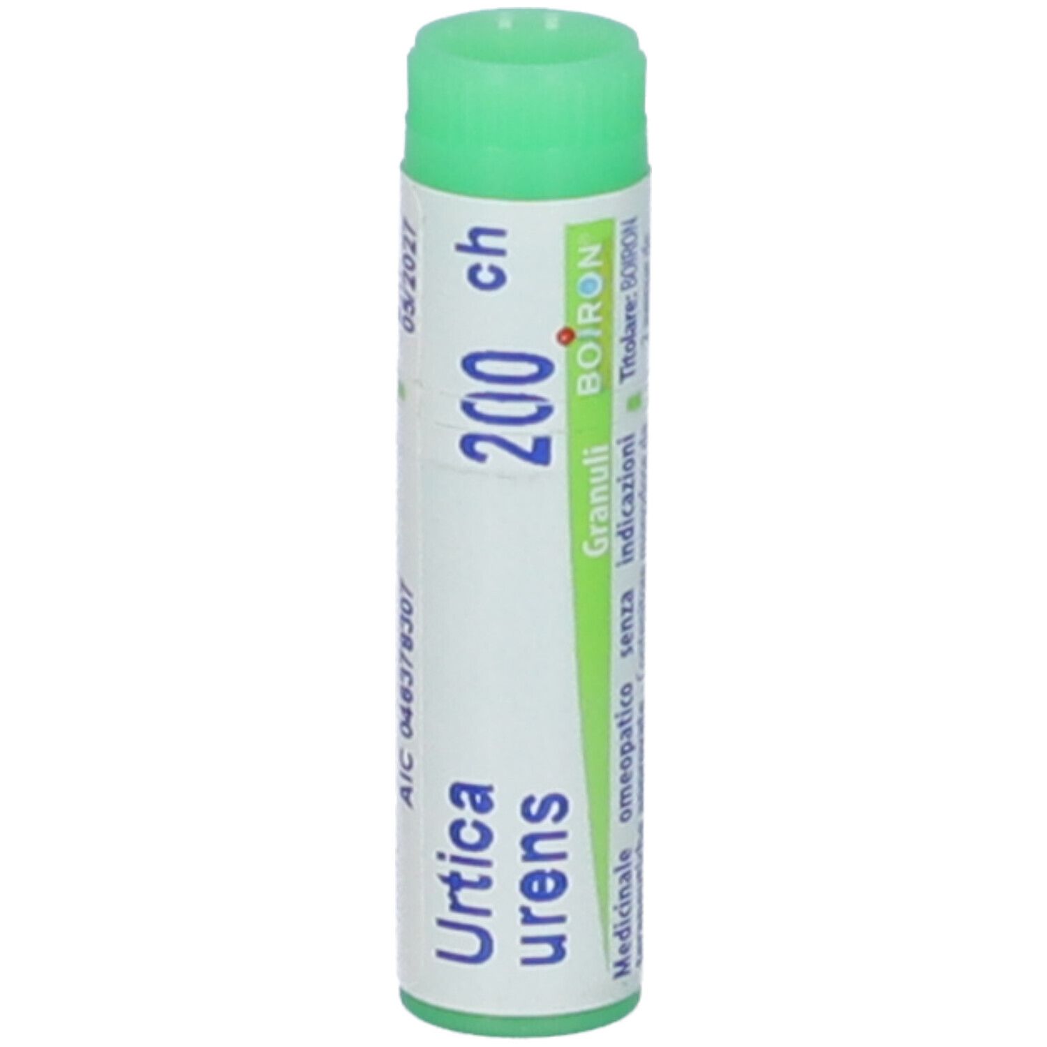 Confezione cilindrica con tappo verde. Scritte: Urtica urens, 200 ch, Granuli, BOIRON.