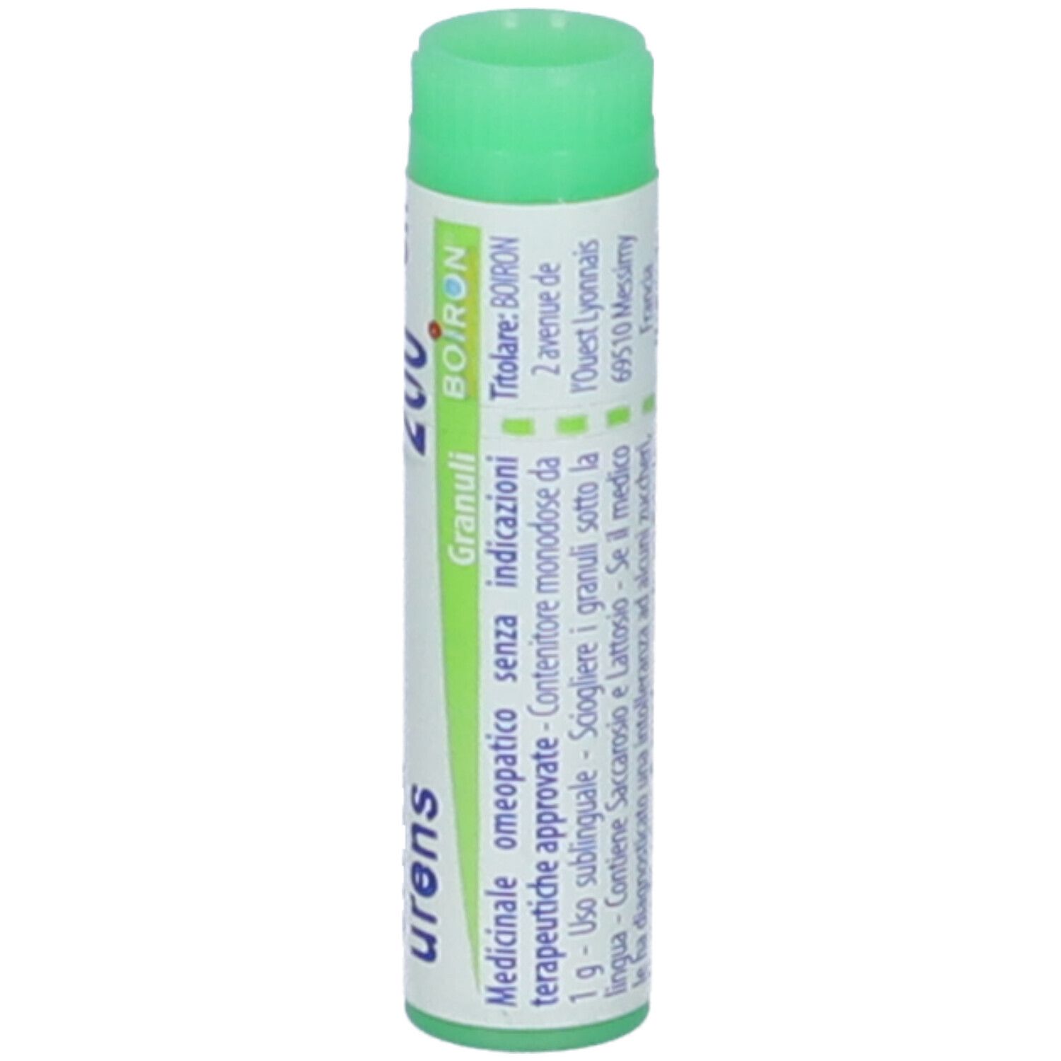 Confezione cilindrica con tappo verde. Scritte: Urtica urens, 200, Granuli, BOIRON, Medicinale.