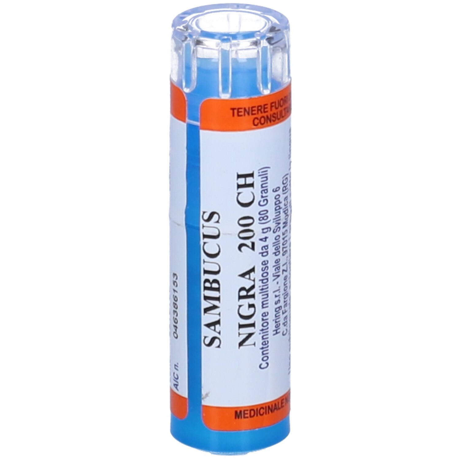 Contenitore multidose cilindrico con Sambucus Nigra 200 CH. Etichette arancioni e blu con testo. Coperchio trasparente.
