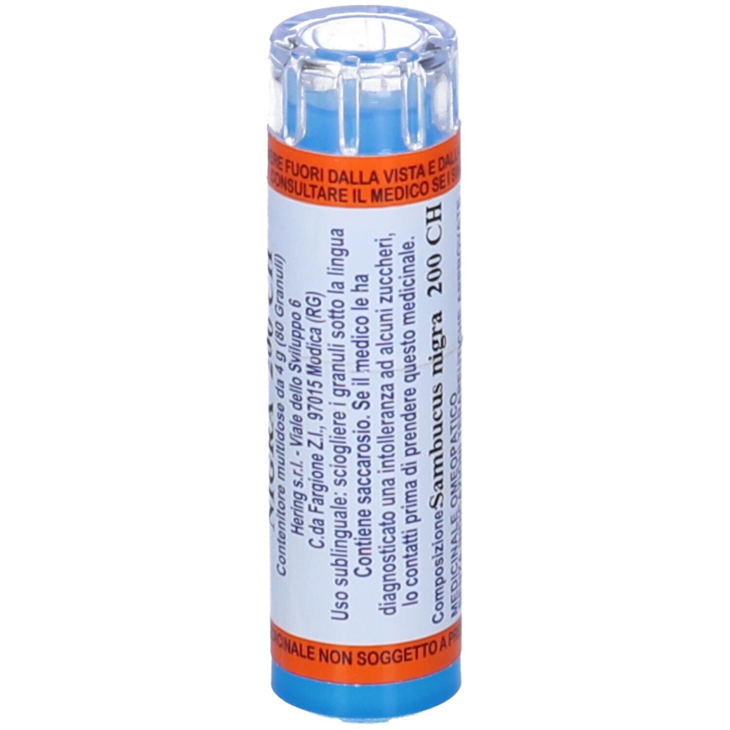 Contenitore multidose cilindrico con Sambucus Nigra 200 CH. Etichetta con testo. Coperchio trasparente. Marchio Hering s.r.l.