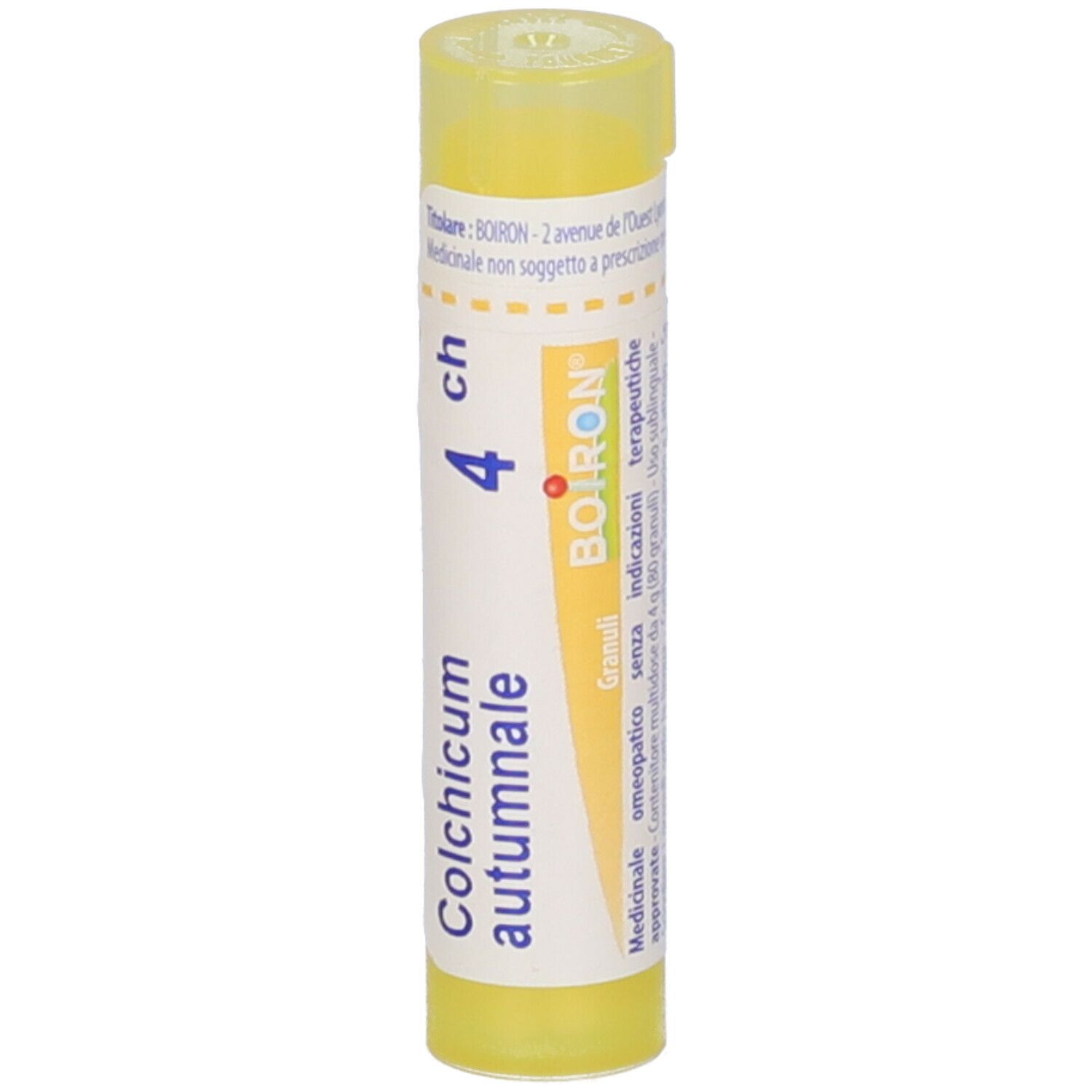 Tubo giallo con etichetta bianca. Scritta Colchicum autumnale 4 ch, BOIRON. Confezione.