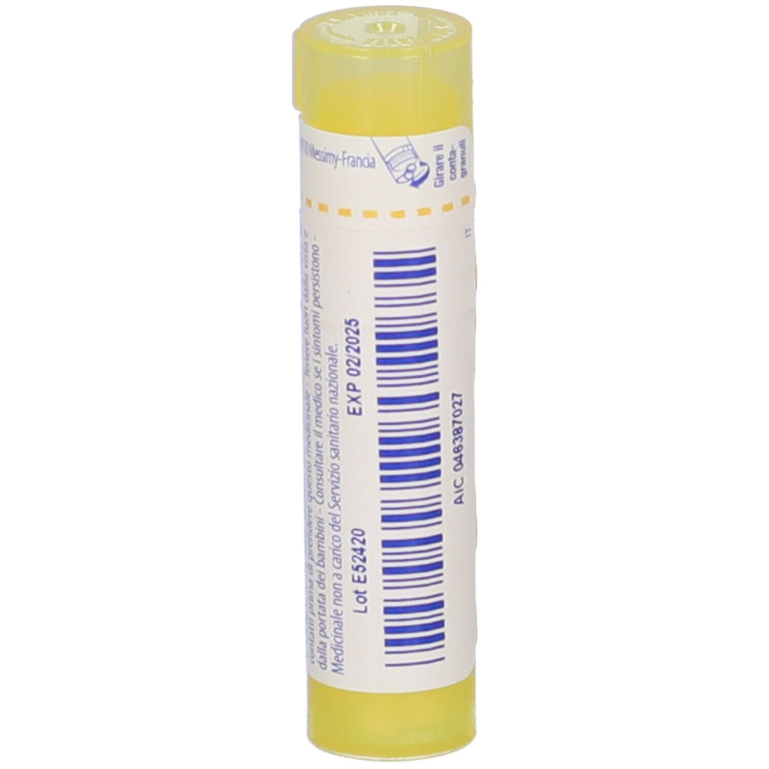 Tubo giallo con etichetta bianca. Scritta Colchicum autumnale 4 ch, BOIRON. Confezione.