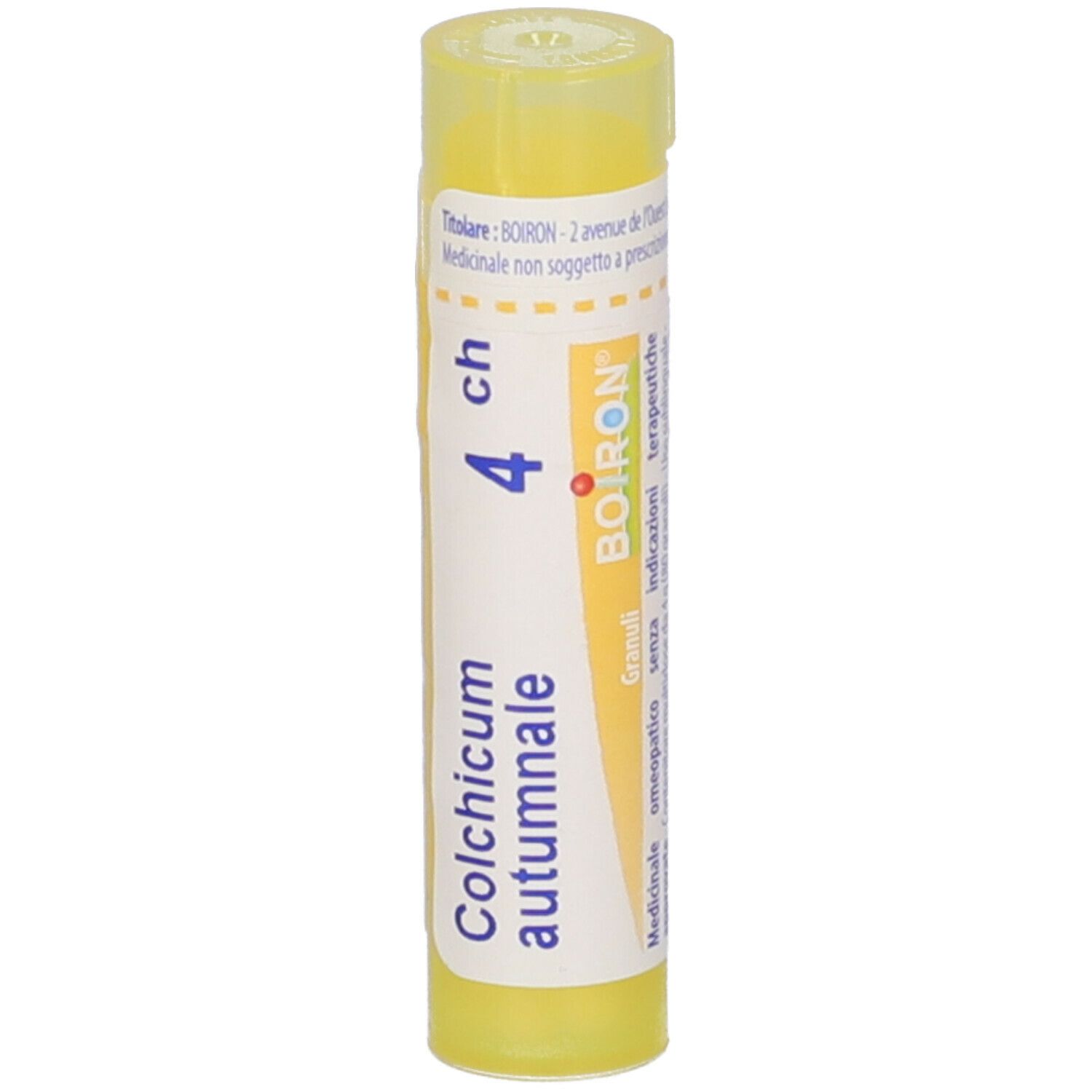 Tubo giallo con etichetta bianca. Scritta Colchicum autumnale 4 ch, BOIRON. Confezione.
