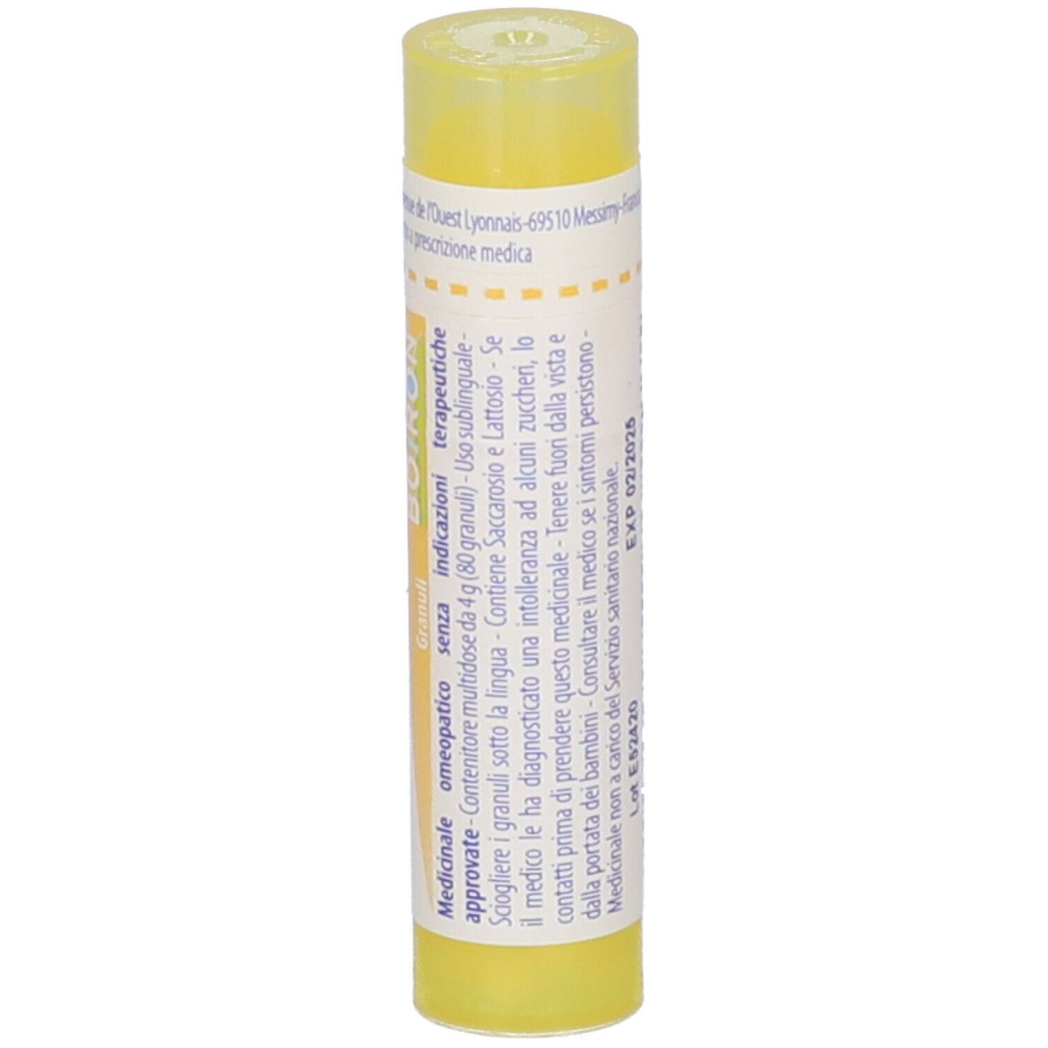 Tubo giallo con etichetta bianca. Scritta Colchicum autumnale 4 ch, BOIRON. Confezione.