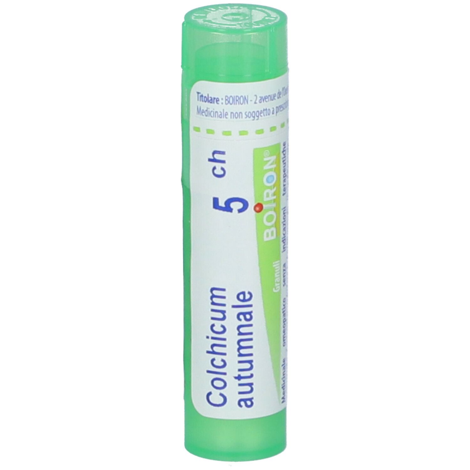 Confezione cilindrica verde. Scritta: Colchicum autumnale, 5 ch, Boiron. Granuli. Con tappo verde.
