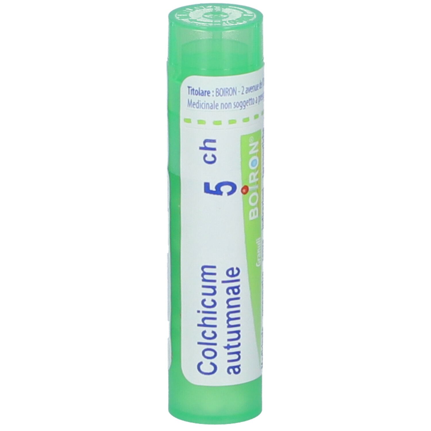 Confezione cilindrica verde. Scritta: Colchicum autumnale, 5 ch, Boiron. Con tappo verde.