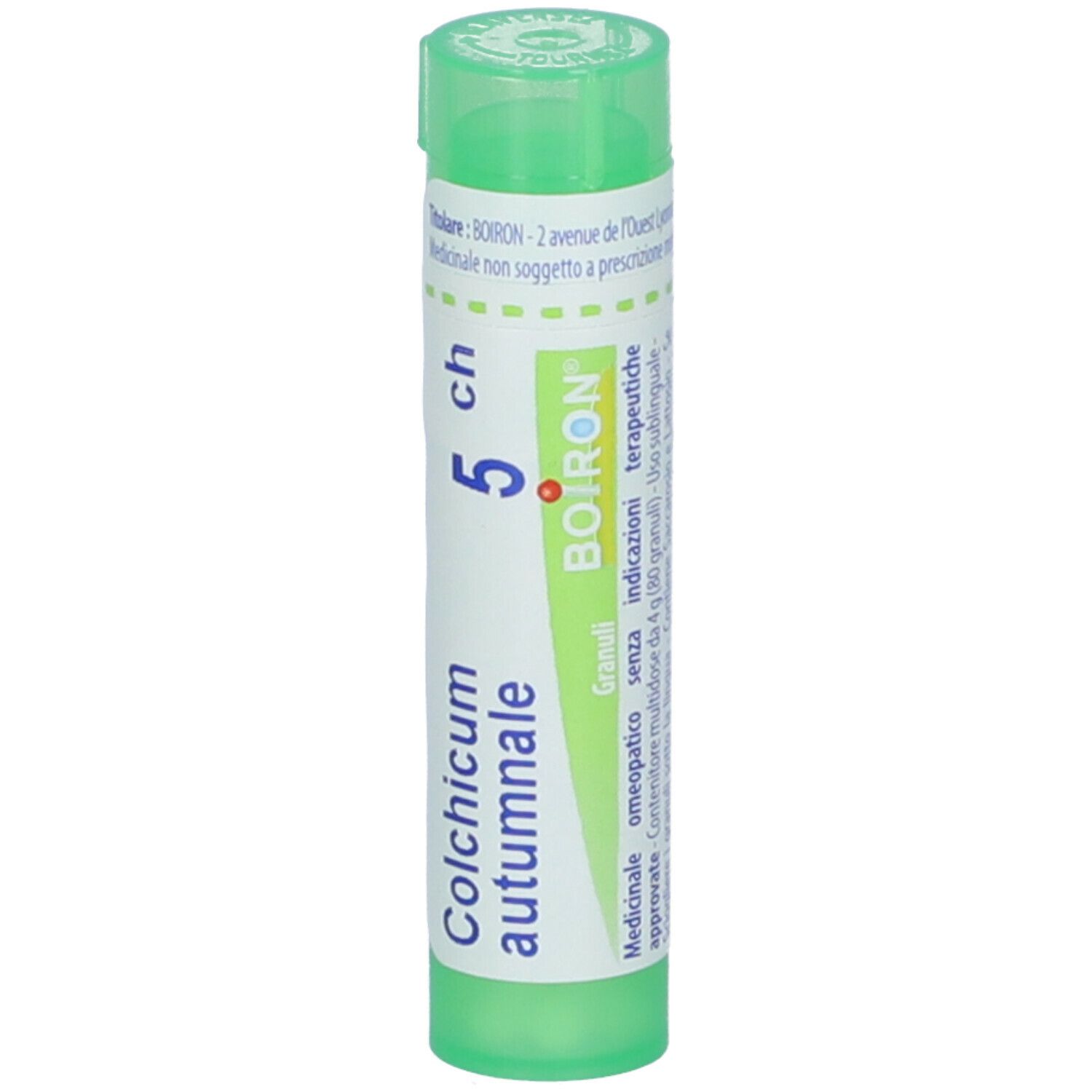 Confezione cilindrica verde. Scritta: Colchicum autumnale, 5 ch, Boiron. Con tappo verde.