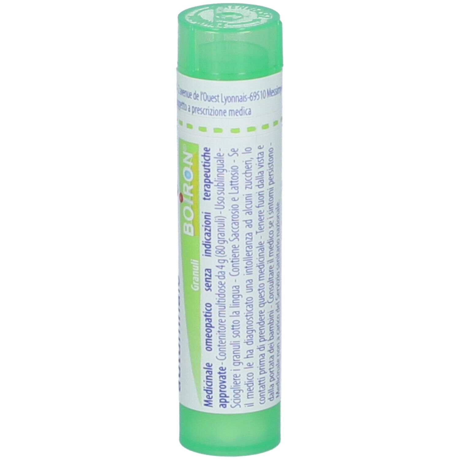 Confezione cilindrica verde. Scritta: Colchicum autumnale, 5 ch, Boiron. Con tappo verde. Testo in francese.