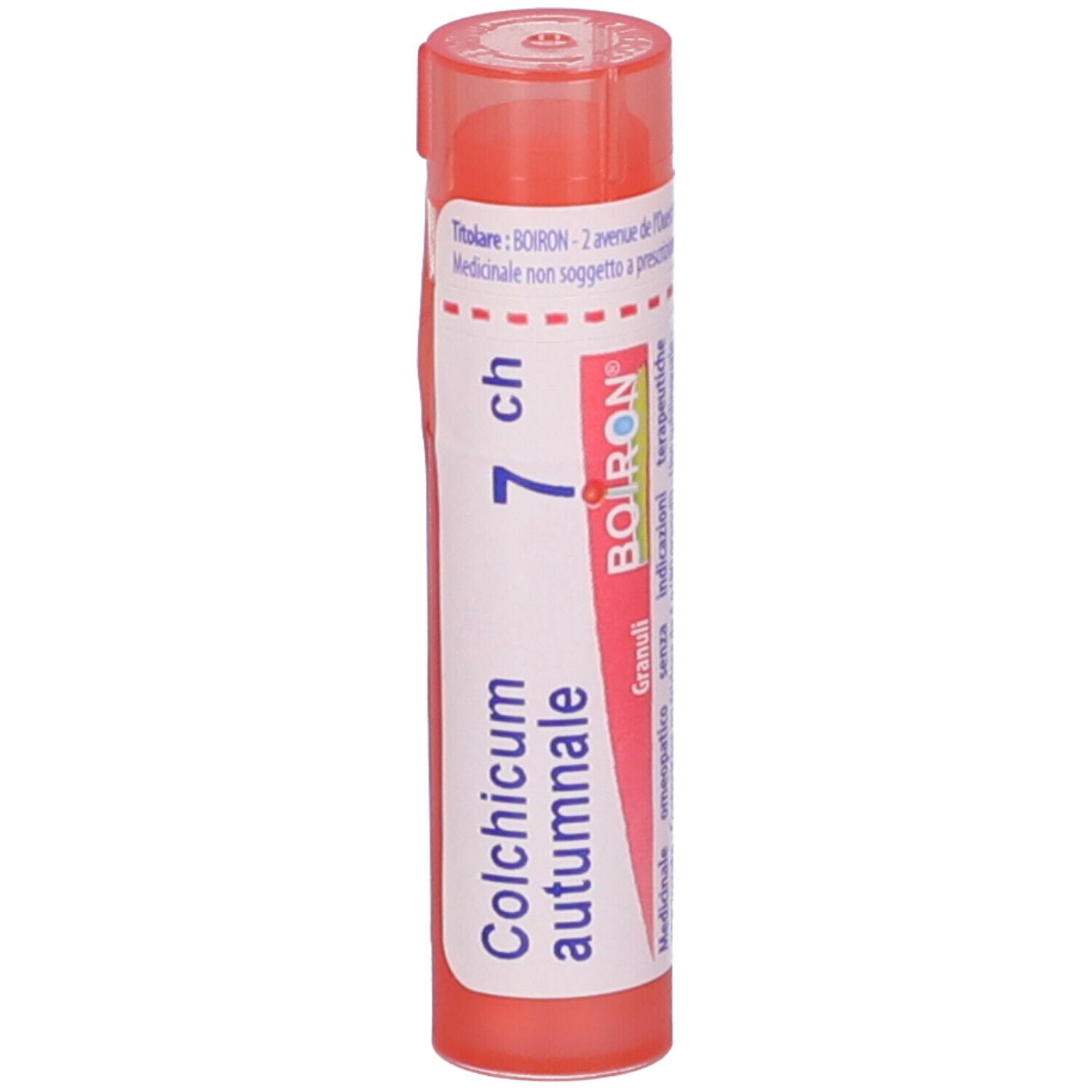 Confezione cilindrica con tappo rosa. Scritta: Colchicum autumnale, 7 ch, BOIRON.