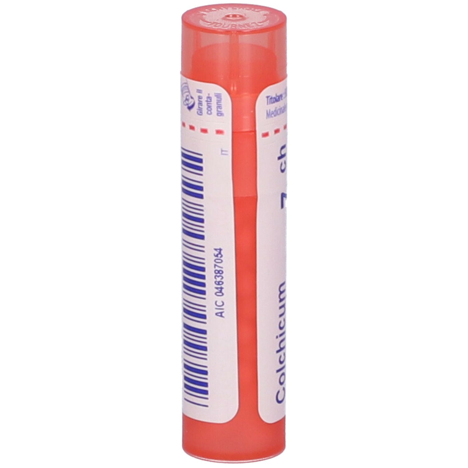 Confezione cilindrica con tappo rosa. Scritta: Colchicum, 7 ch. Strisce blu e codice a barre.