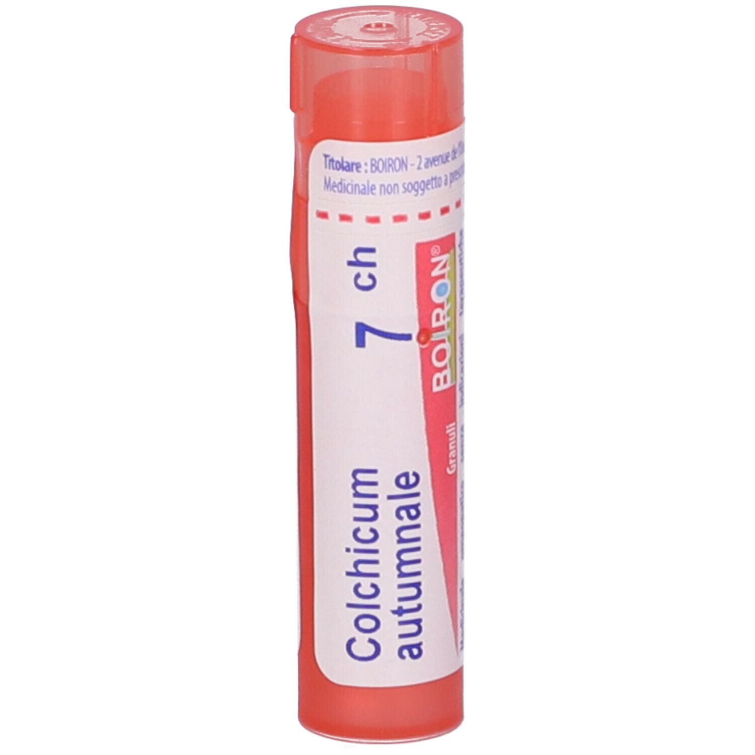 Confezione cilindrica con tappo rosa. Scritta: Colchicum autumnale, 7 ch, BOIRON.