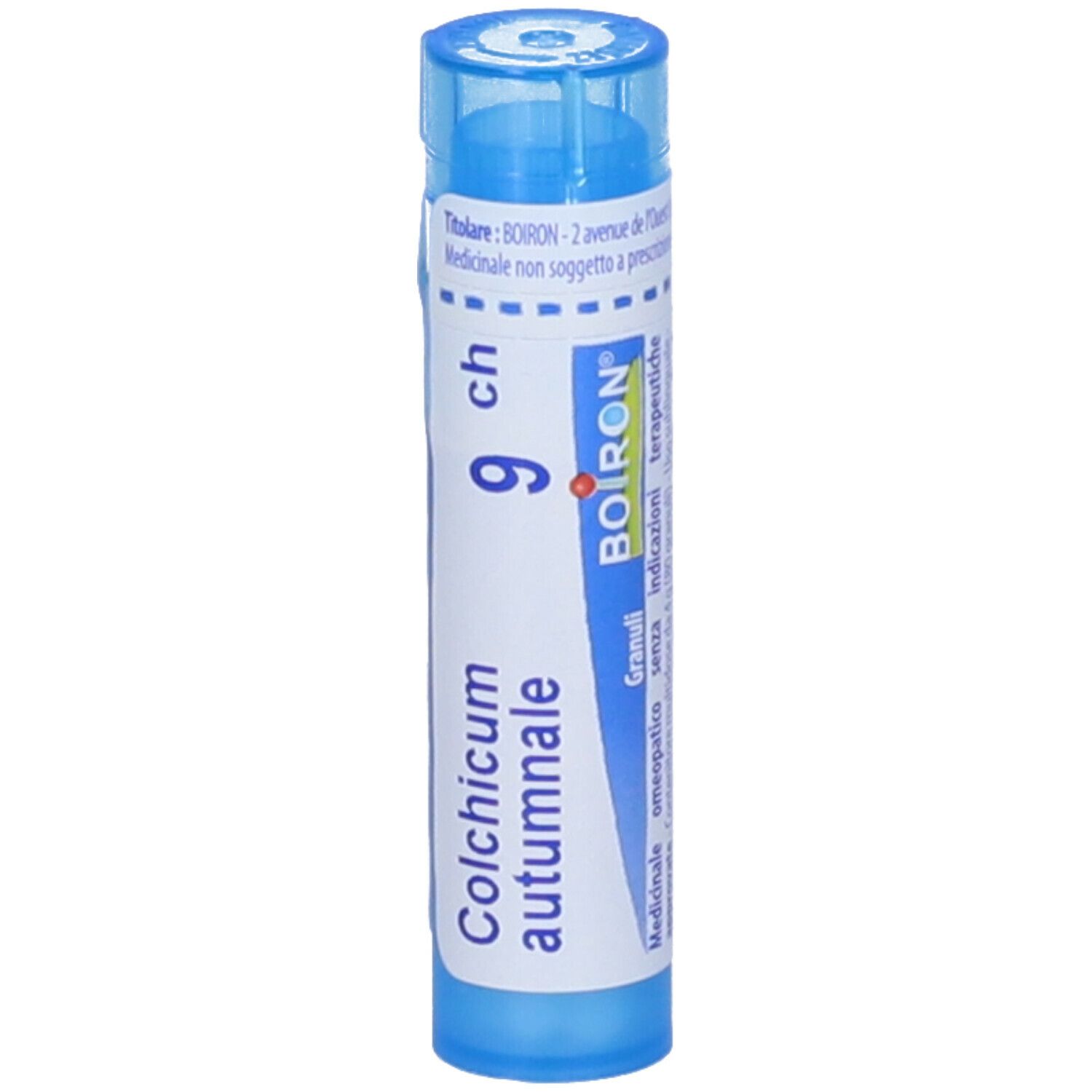 Confezione cilindrica blu con etichetta bianca. Contiene Colchicum autumnale 9 ch Granuli di Boiron.