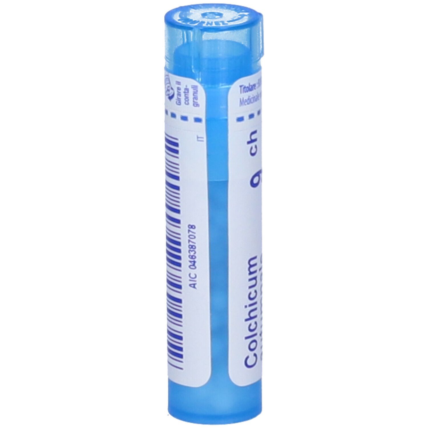 Confezione cilindrica blu con etichetta bianca. Contiene Colchicum autumnale 9 ch Granuli di Boiron.